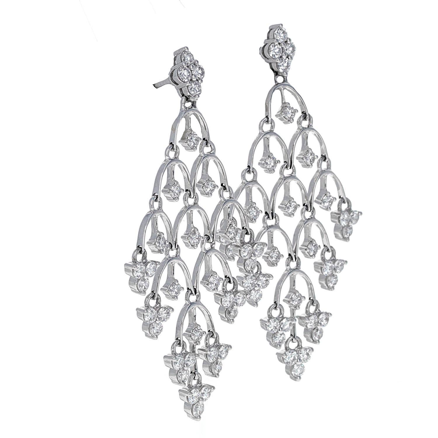 Round Cut White Diamond Dangling Earrings 18k White Gold