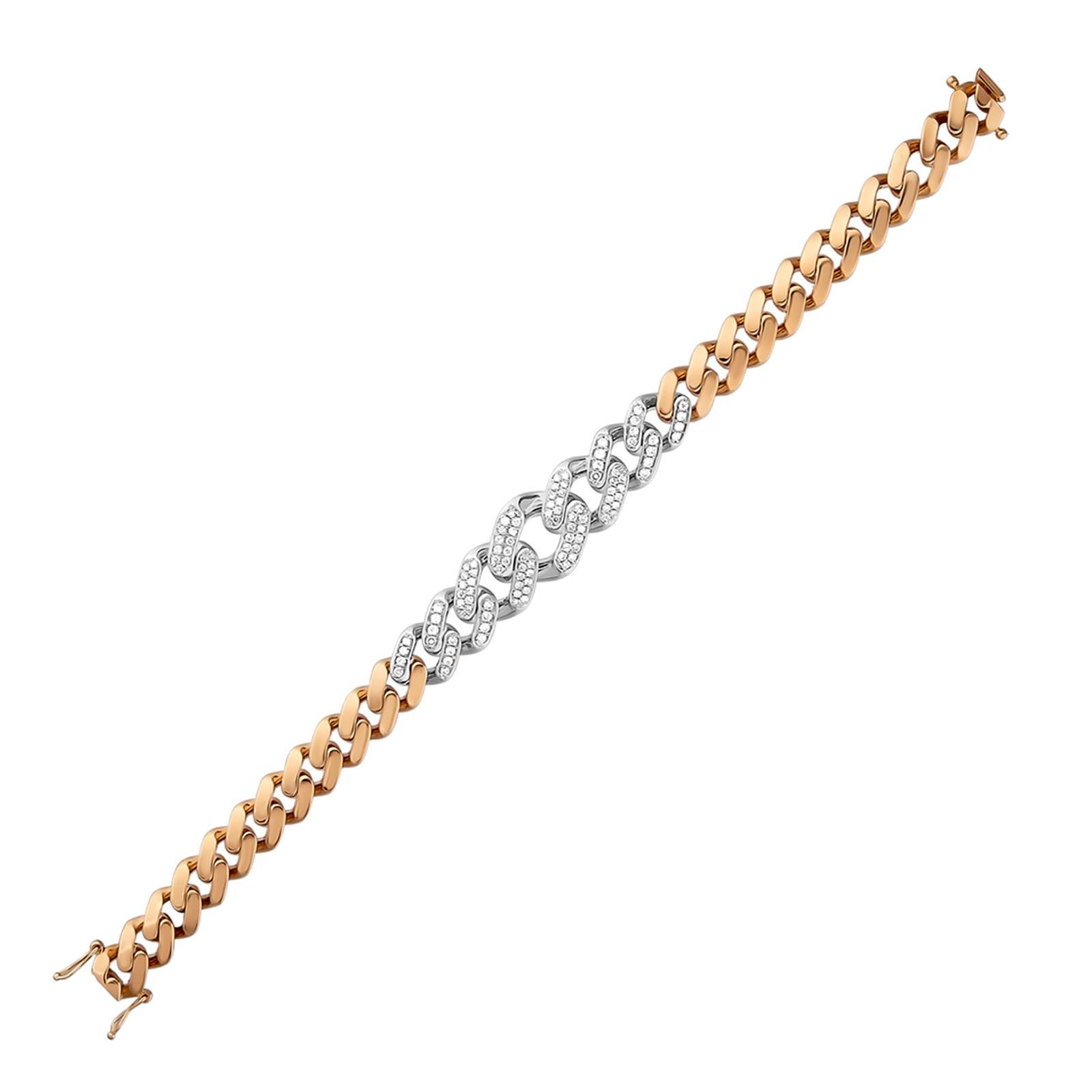 Diamond Miami Cuban Link Chain 18 Karat Rose and White Gold 1.42ctw Bracelet For Sale
