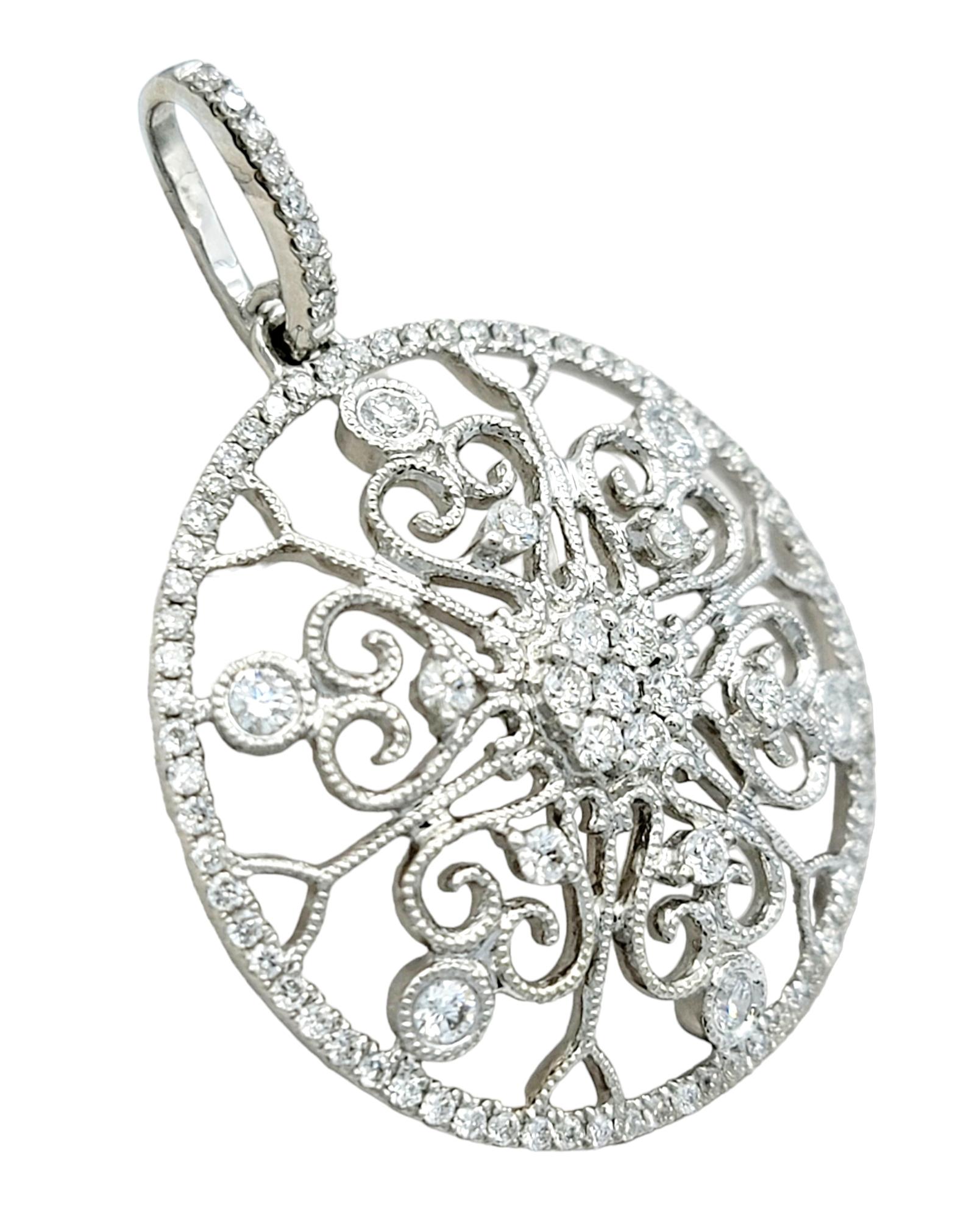 Contemporary Diamond Milgrain and Scroll Cut-Out Open Circle Pendant in 14 Karat White Gold For Sale