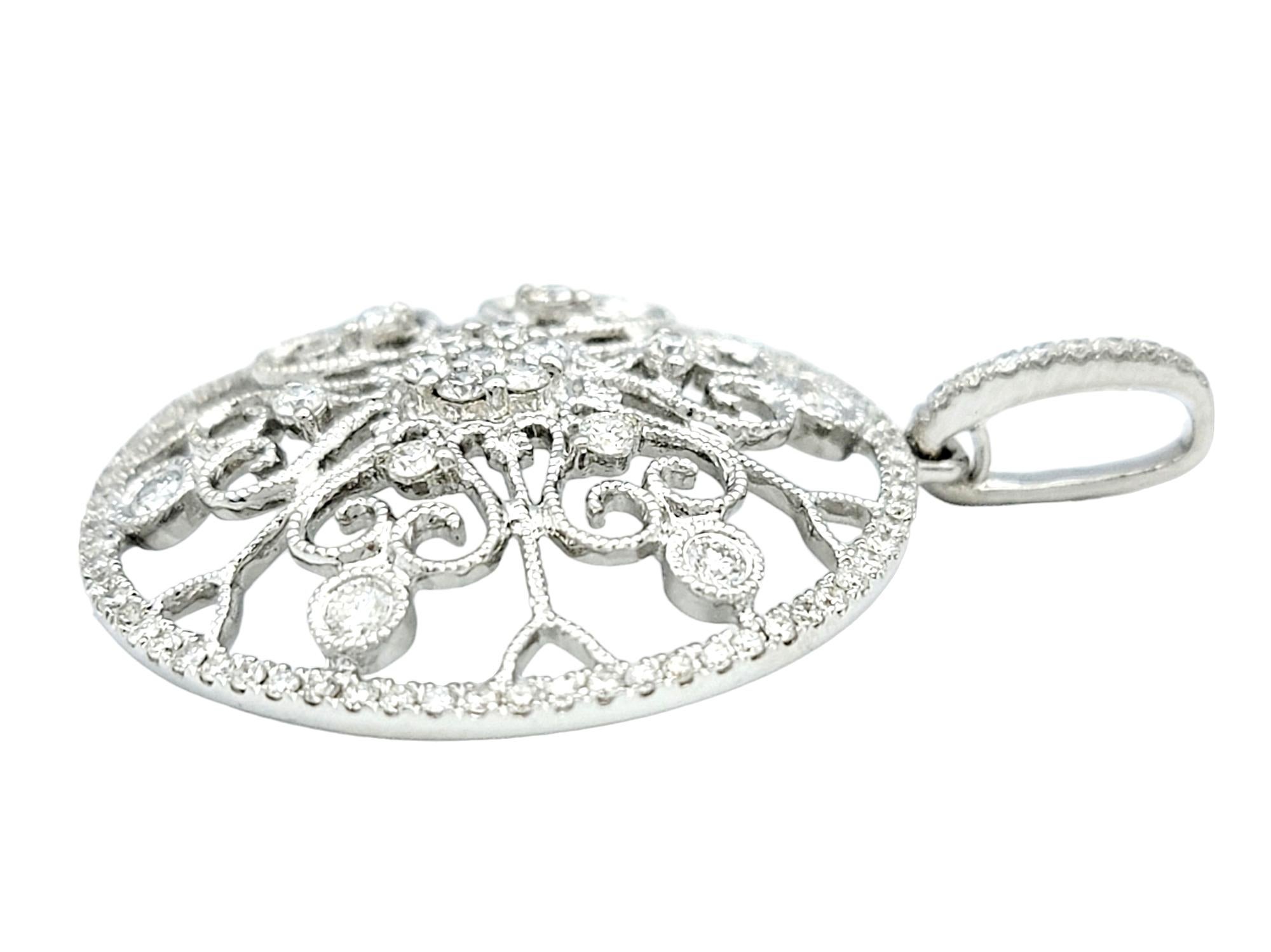 Round Cut Diamond Milgrain and Scroll Cut-Out Open Circle Pendant in 14 Karat White Gold For Sale