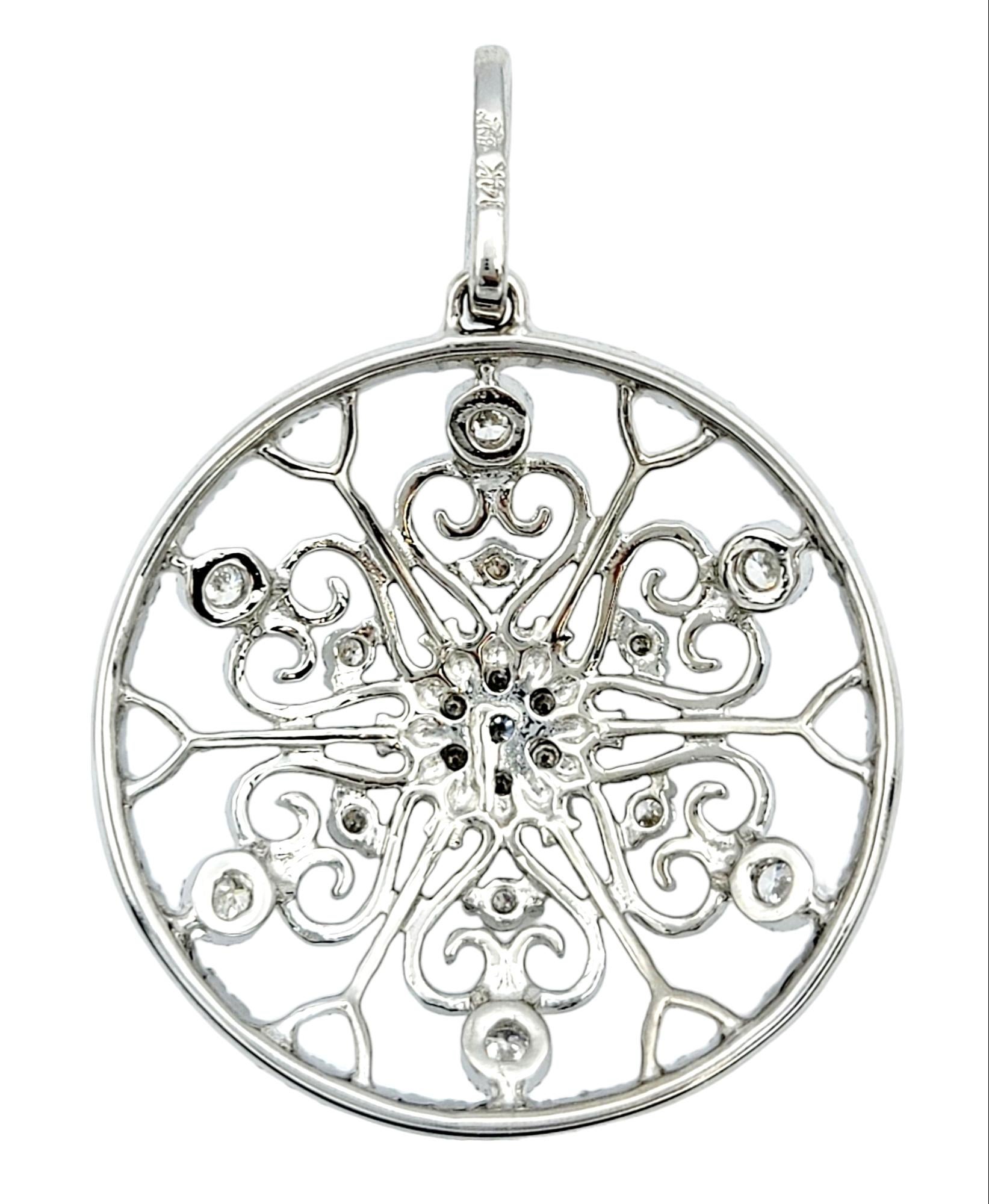 Women's Diamond Milgrain and Scroll Cut-Out Open Circle Pendant in 14 Karat White Gold For Sale