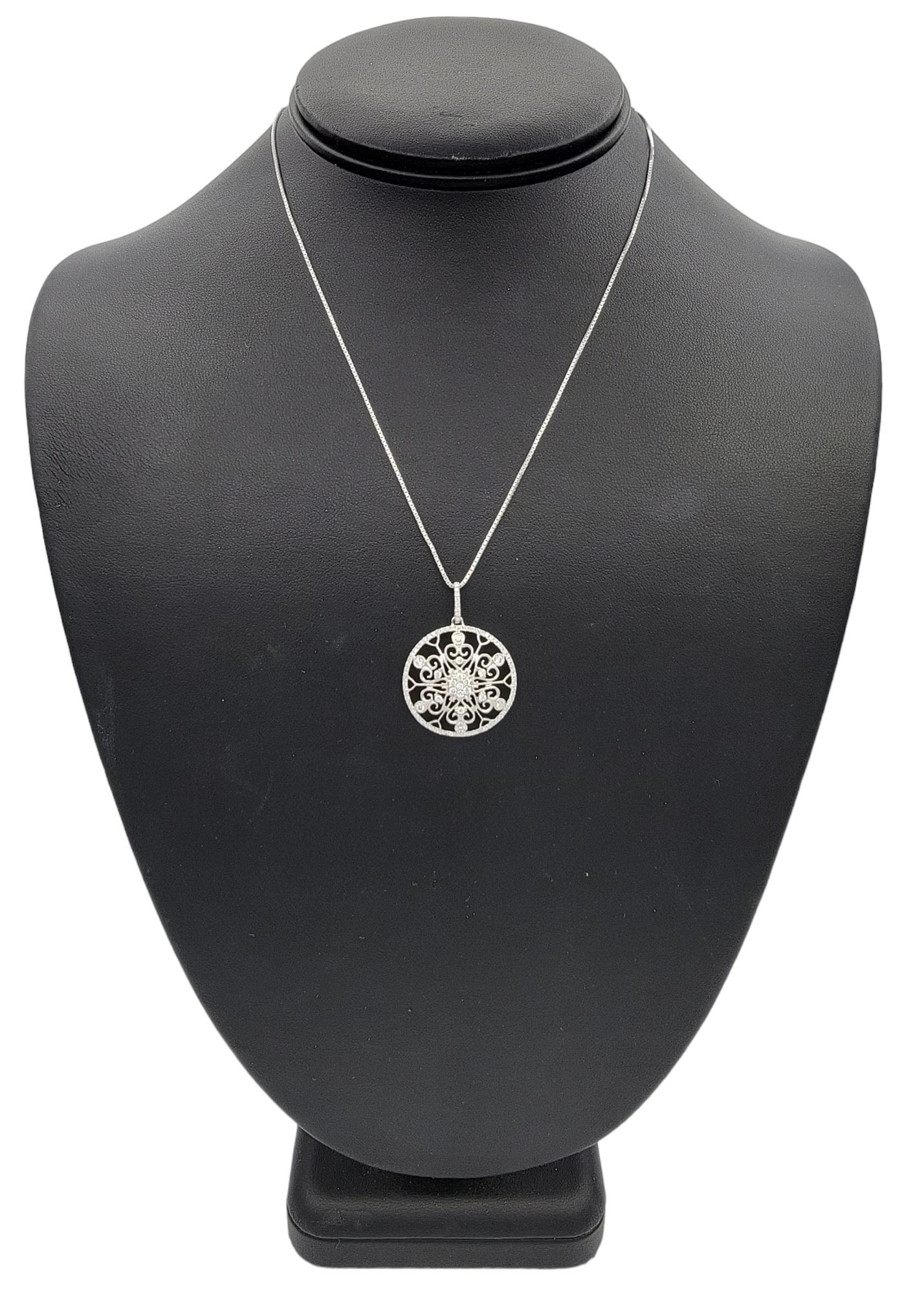 Diamond Milgrain and Scroll Cut-Out Open Circle Pendant in 14 Karat White Gold For Sale 2