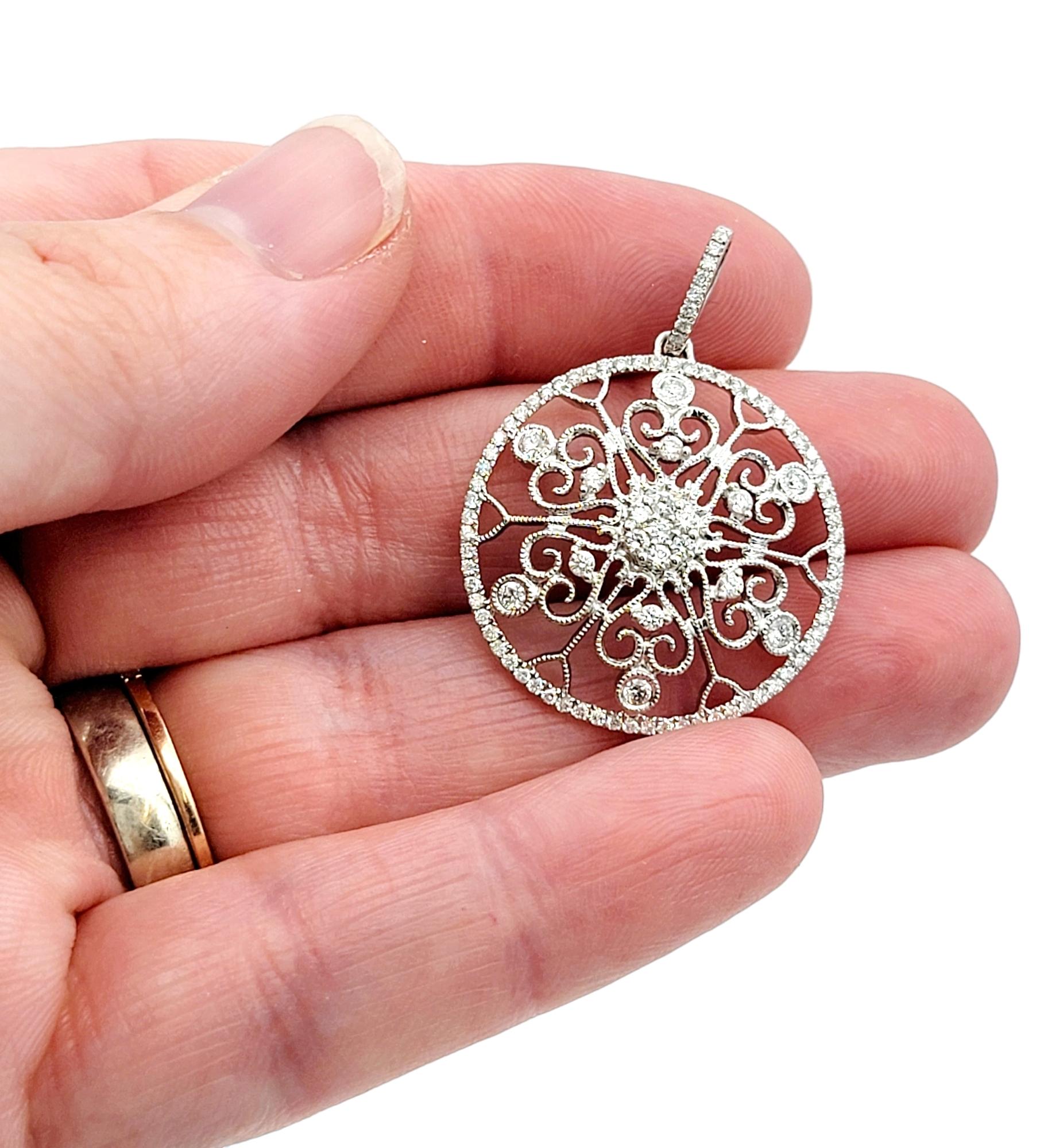 Diamond Milgrain and Scroll Cut-Out Open Circle Pendant in 14 Karat White Gold For Sale 3