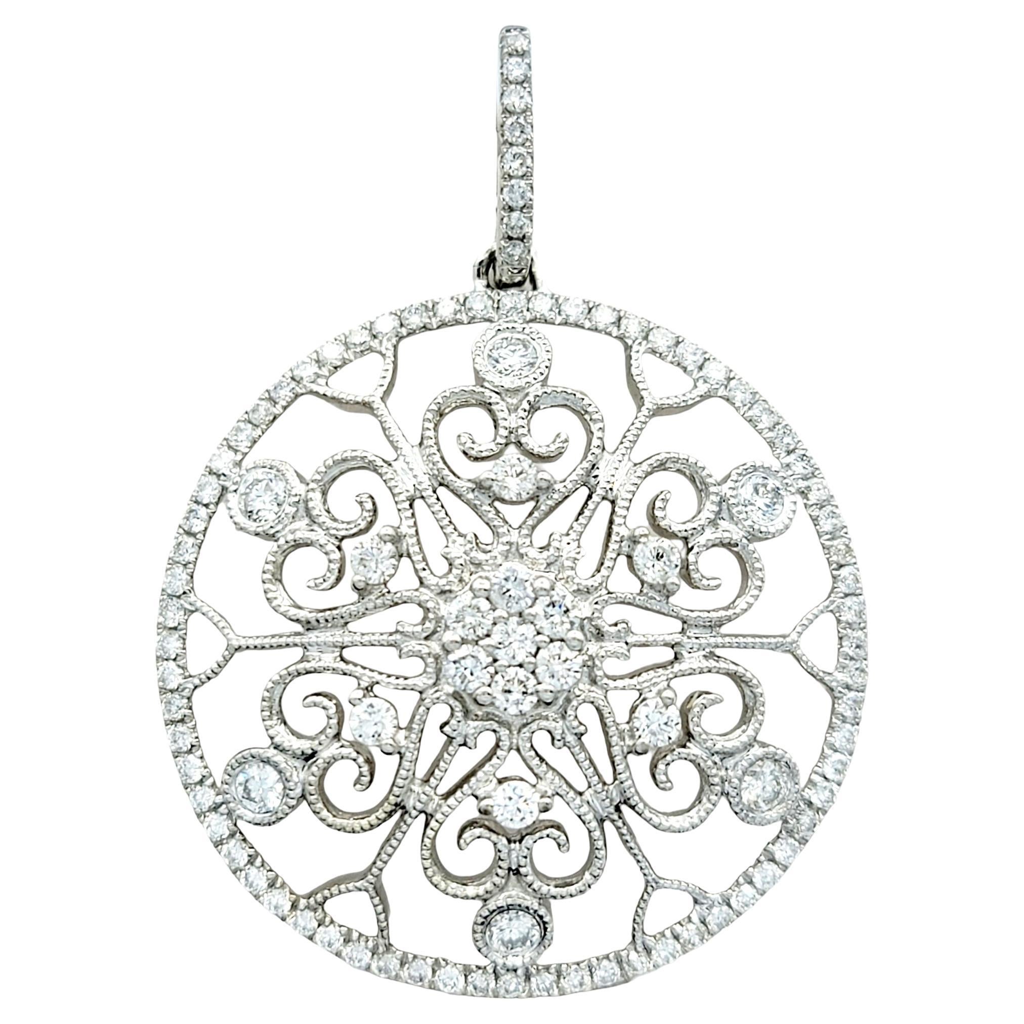 Diamond Milgrain and Scroll Cut-Out Open Circle Pendant in 14 Karat White Gold For Sale