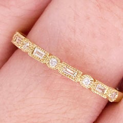 Diamond Millgrain Ring 14 Karat Gold Modern Baguette Diamond Band Sizable