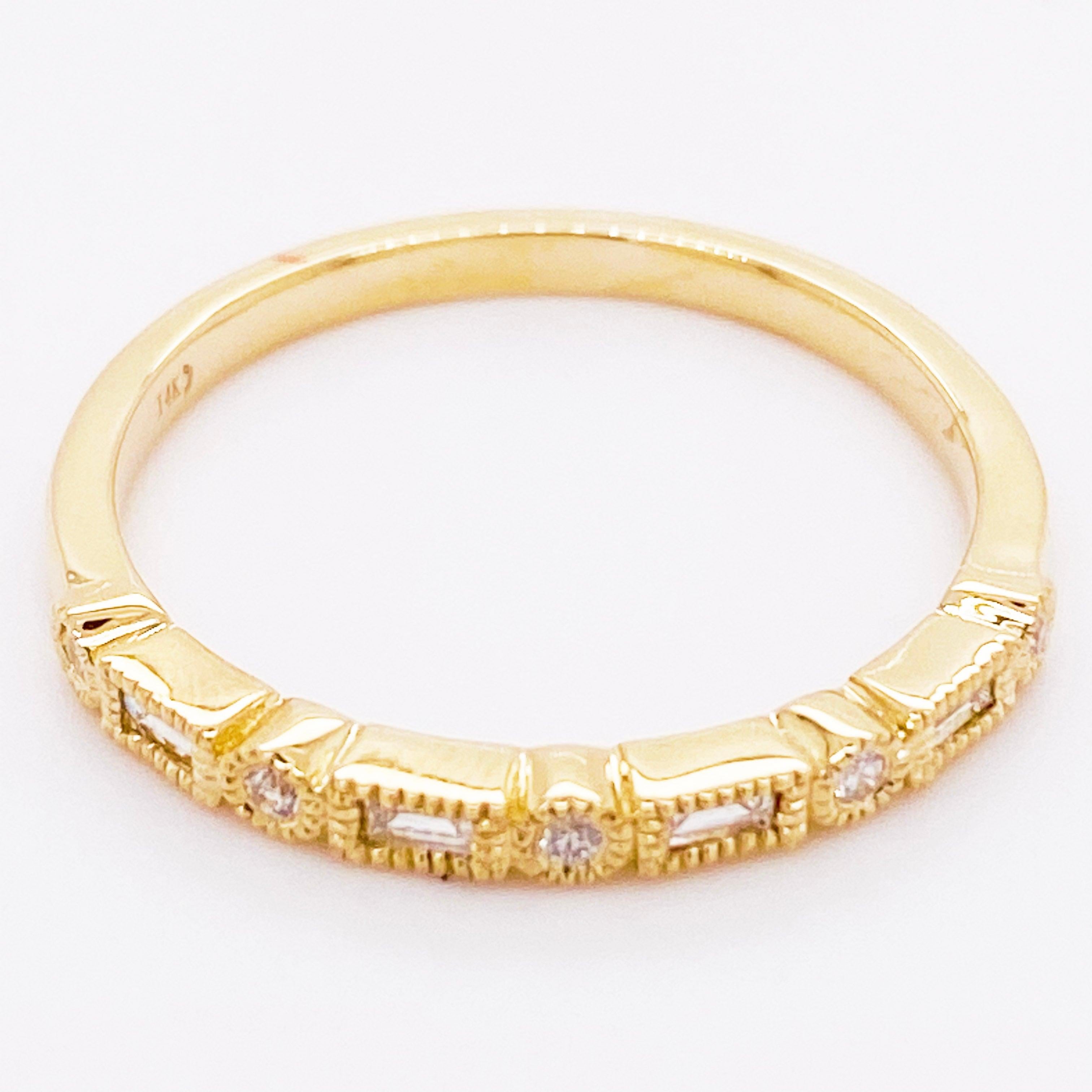 For Sale:  Diamond Millgrain Ring 14 Karat Gold Modern Baguette Diamond Band Sizable 3