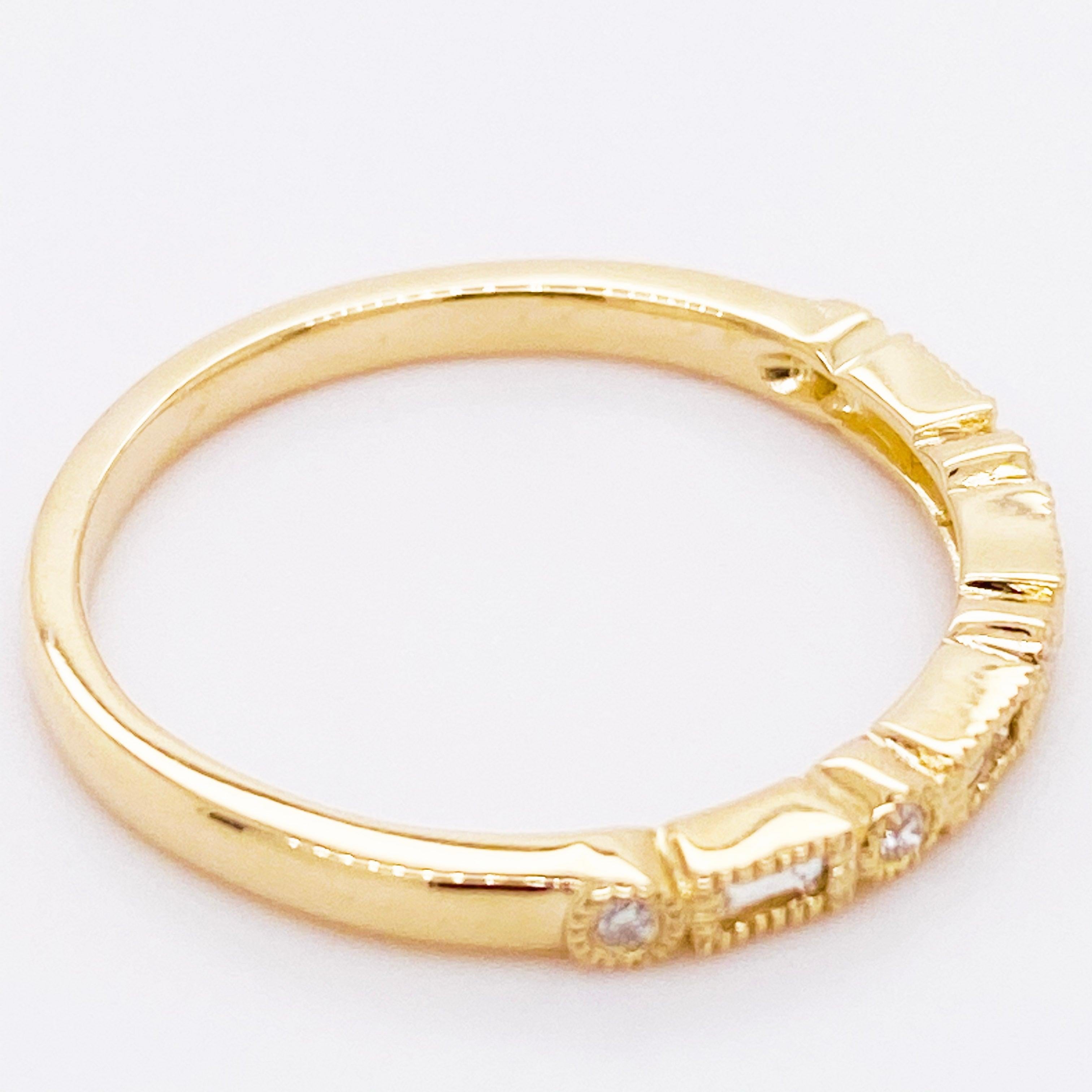 For Sale:  Diamond Millgrain Ring 14 Karat Gold Modern Baguette Diamond Band Sizable 4