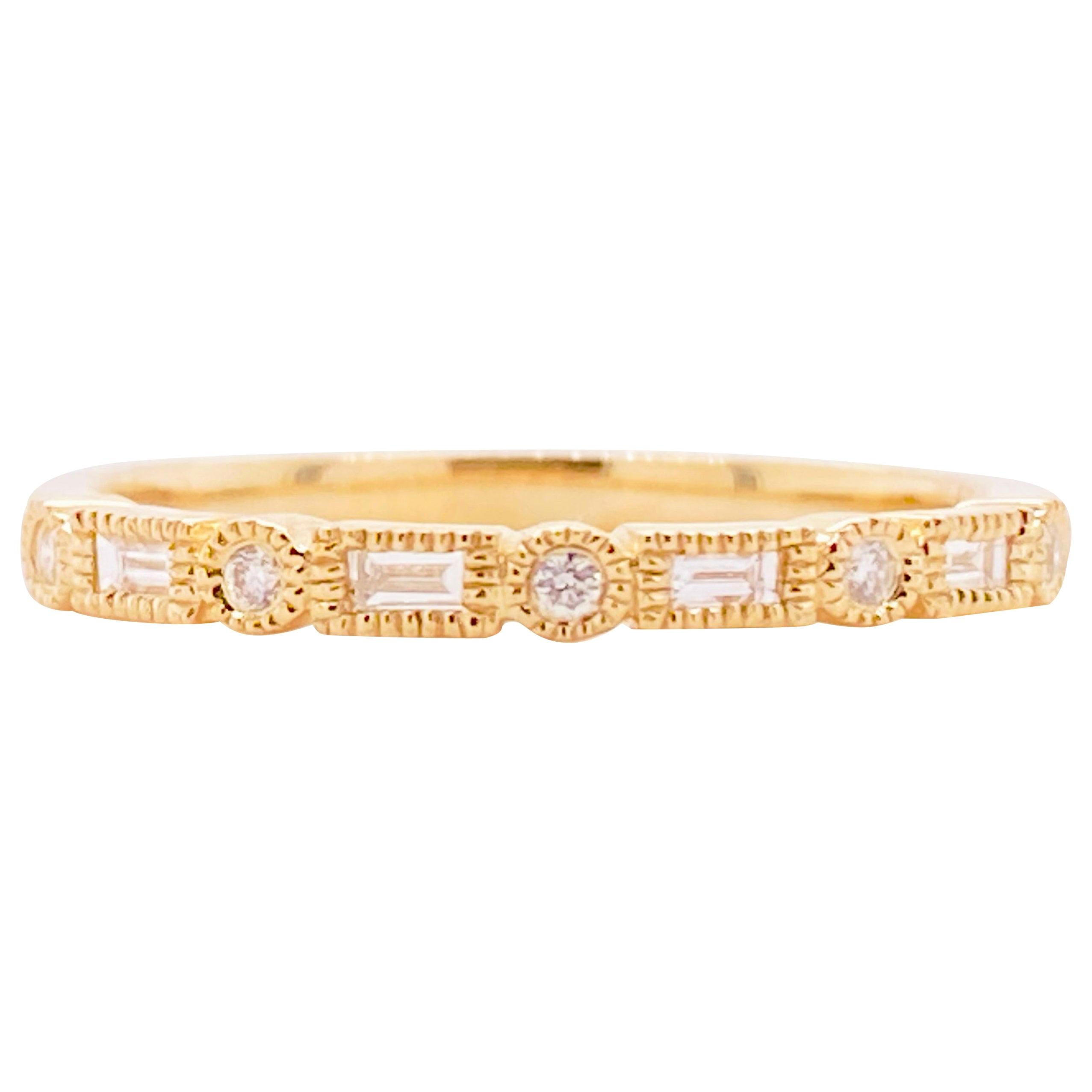 Diamond Millgrain Ring 14 Karat Gold Modern Baguette Diamond Band Sizable