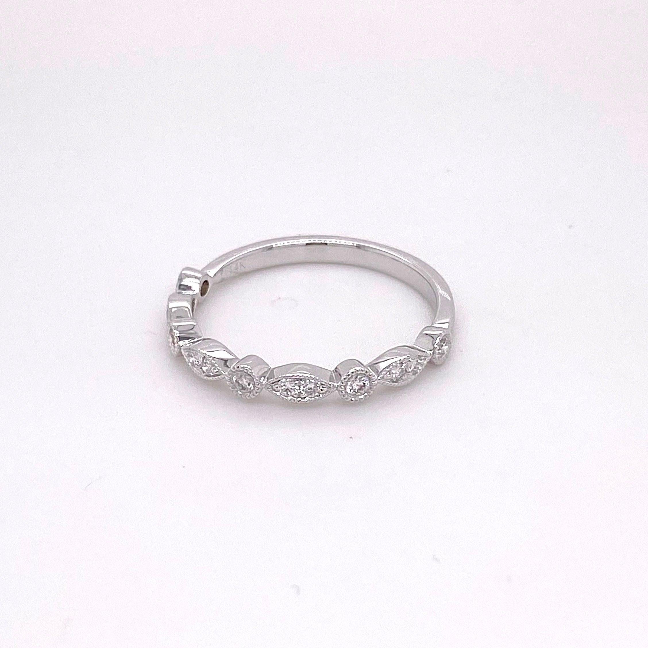 For Sale:  Diamond Millgrain Ring Band, White Gold Round Marquise 1/5 Carat Diamond 3