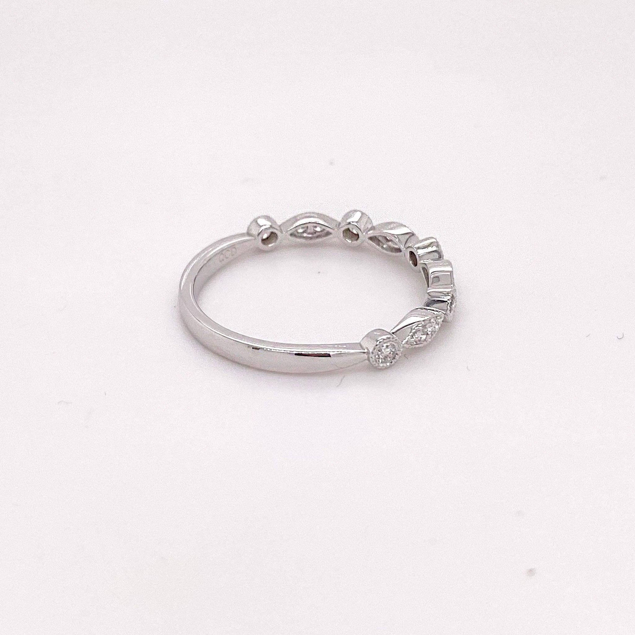 For Sale:  Diamond Millgrain Ring Band, White Gold Round Marquise 1/5 Carat Diamond 5