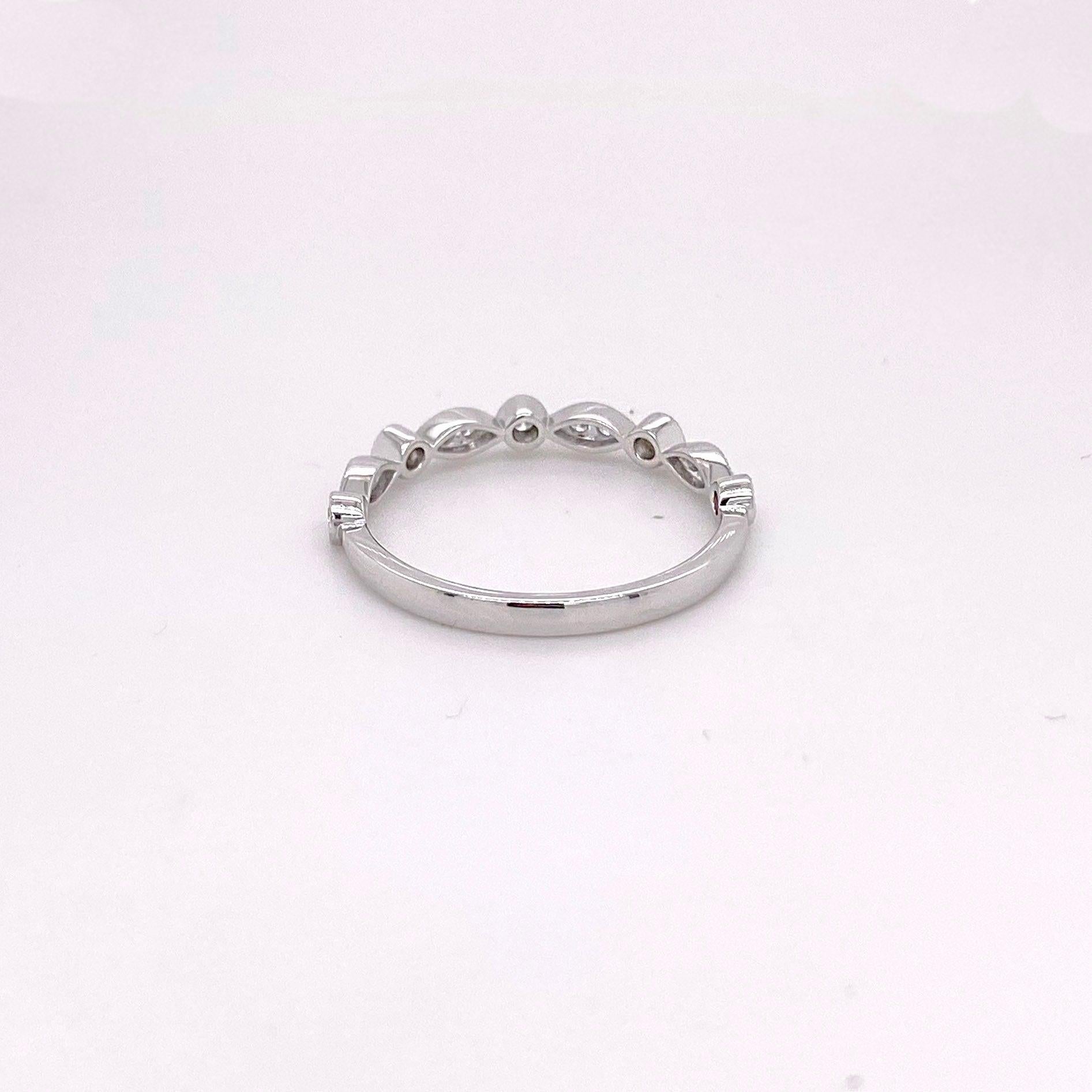 For Sale:  Diamond Millgrain Ring Band, White Gold Round Marquise 1/5 Carat Diamond 6