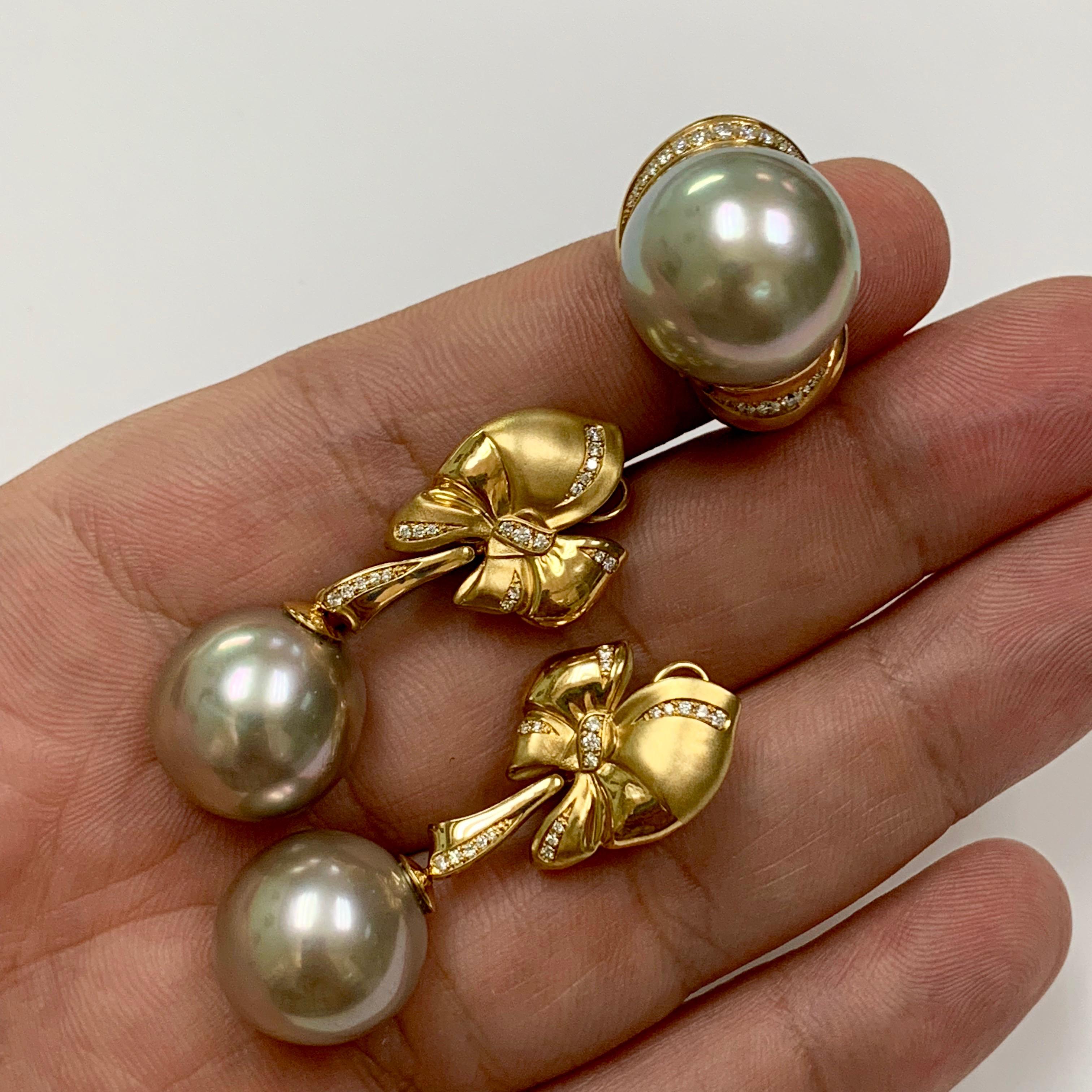 Women's Diamond Mocca Color Tahiti Pearl 18 Karat Yellow Gold Bow Earrings