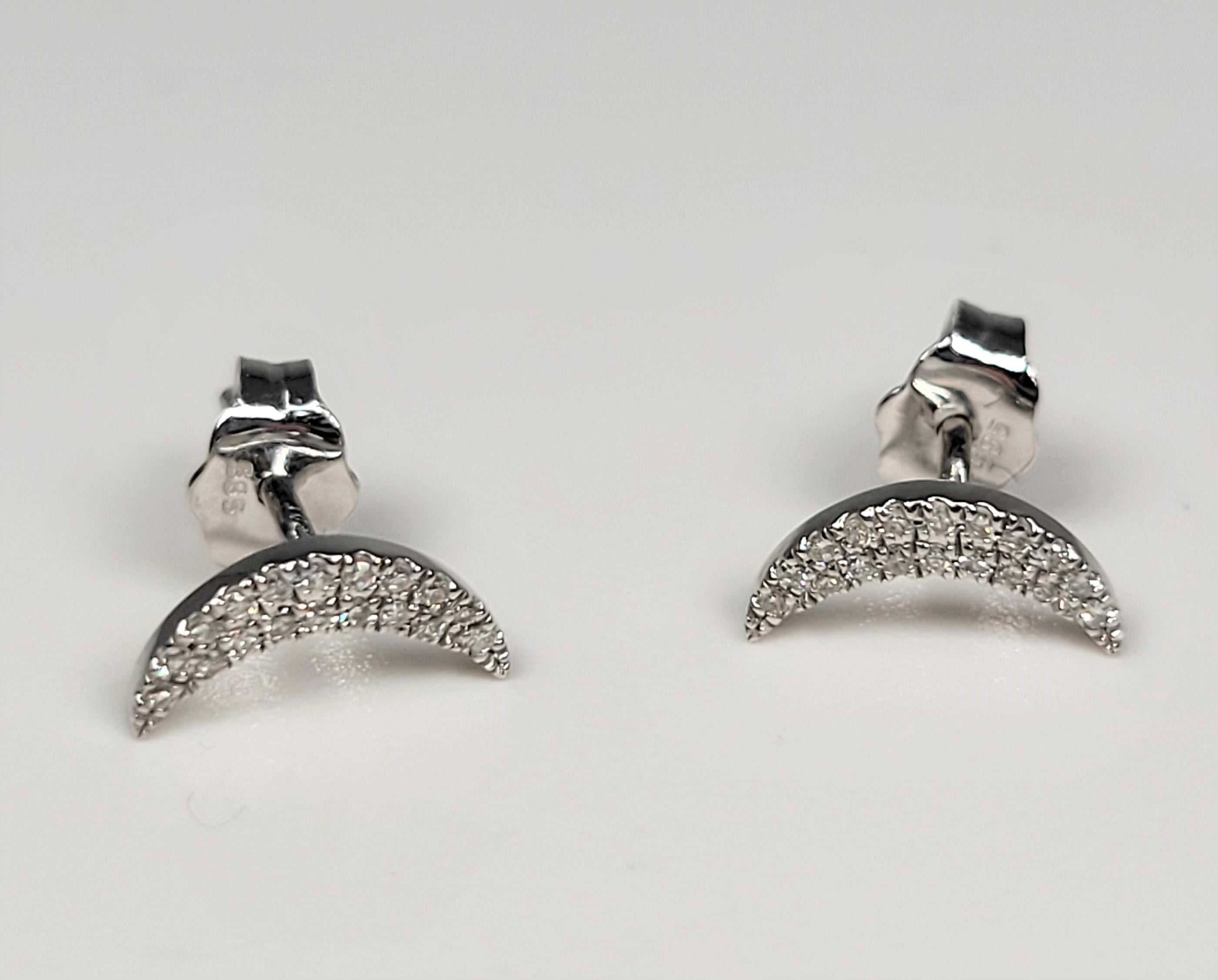 Round Cut Diamond Moon Earrings in 14 Karat White Gold For Sale