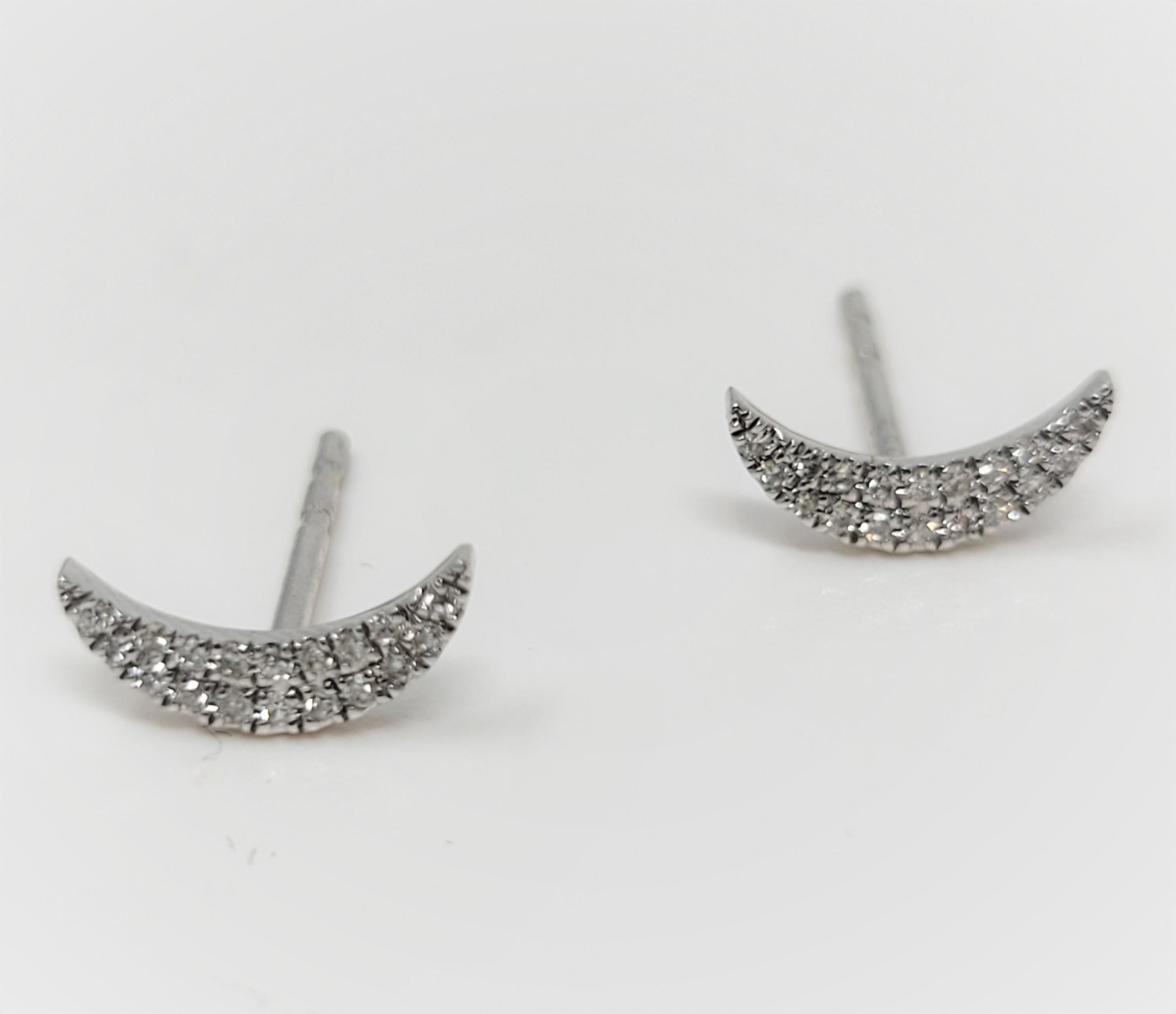 Women's or Men's Diamond Moon Earrings in 14 Karat White Gold For Sale