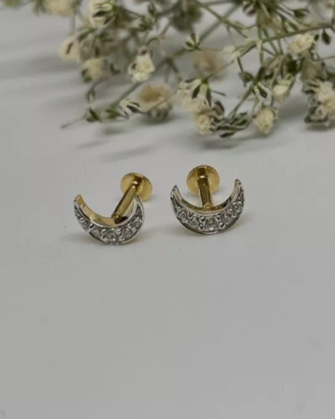 Round Cut Diamond Moon Helix Earring Crescent Moon Tragus Earring 14K Solid Gold For Sale