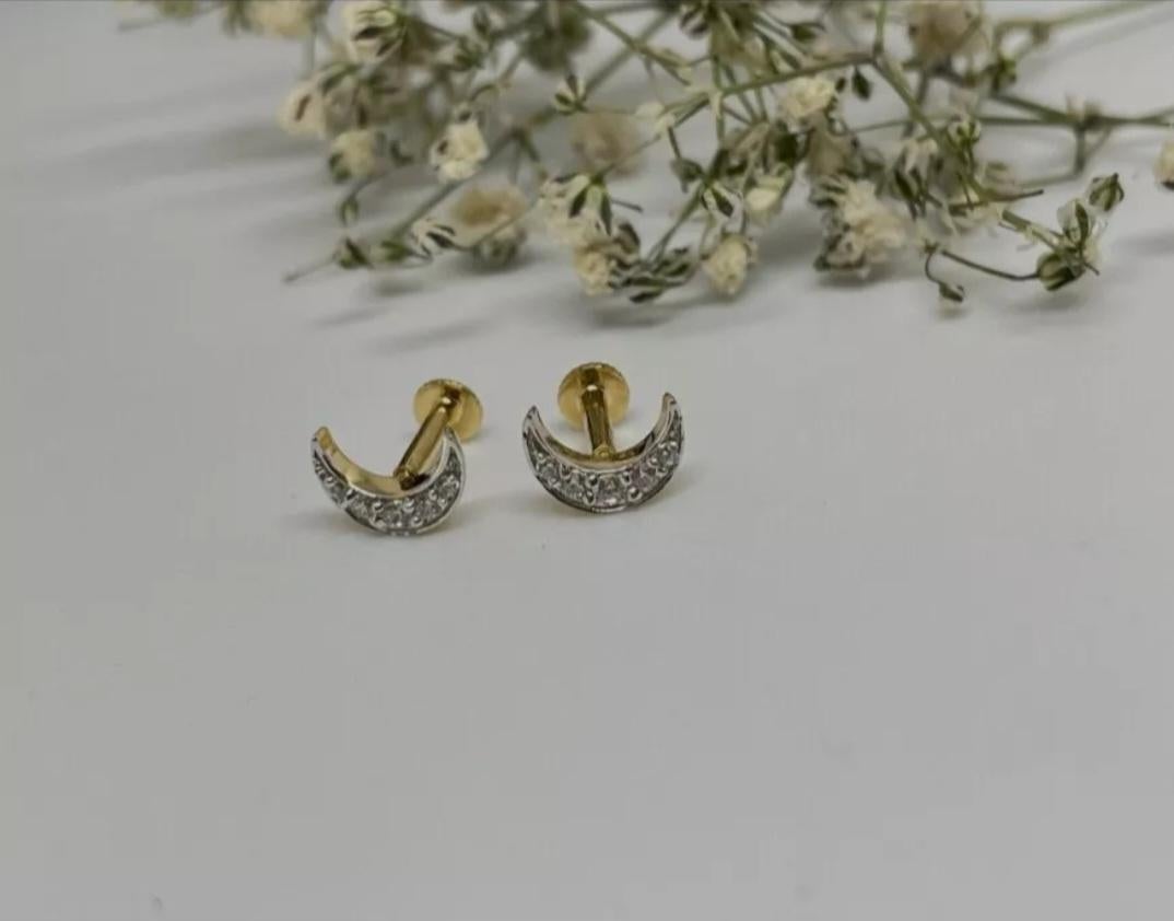 Women's or Men's Diamond Moon Helix Earring Crescent Moon Tragus Earring 14K Solid Gold For Sale