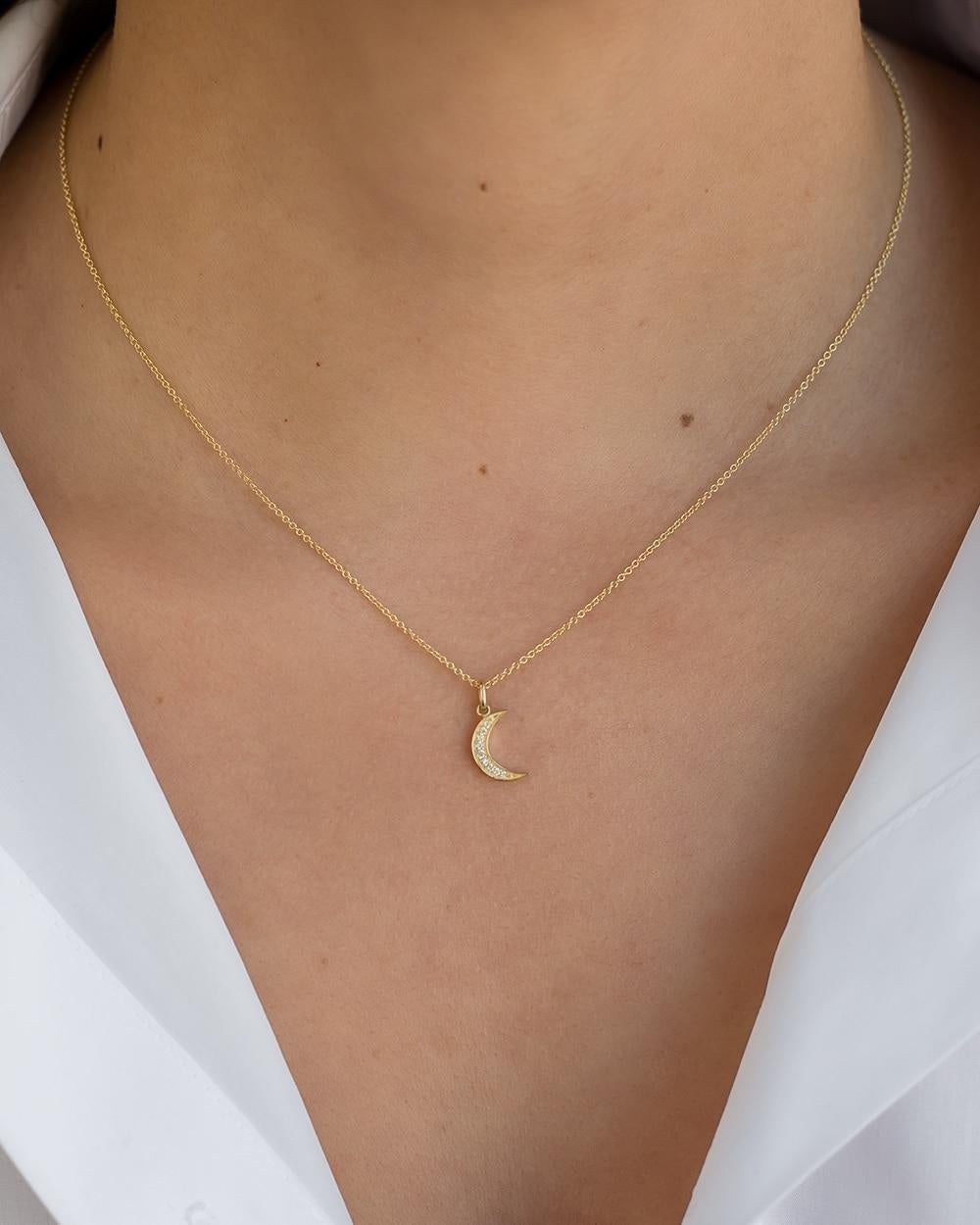 Timeless and dainty 14k solid gold pave diamond small moon charm hanging form a cable link necklace. A perfect necklace by itself or layered, wear it day or night, up or down. This necklace is effortlessly chic!

Made in L.A.

Carat diamond weight: