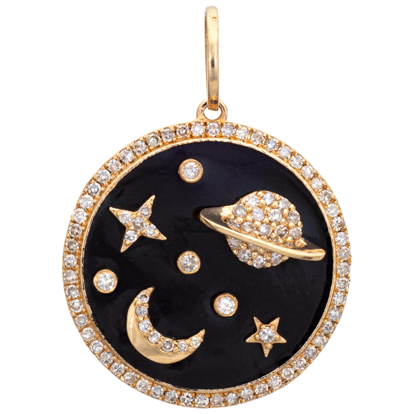 Diamond Moon Star Saturn Pendant Estate 14 Karat Gold Round Celestial Jewelry