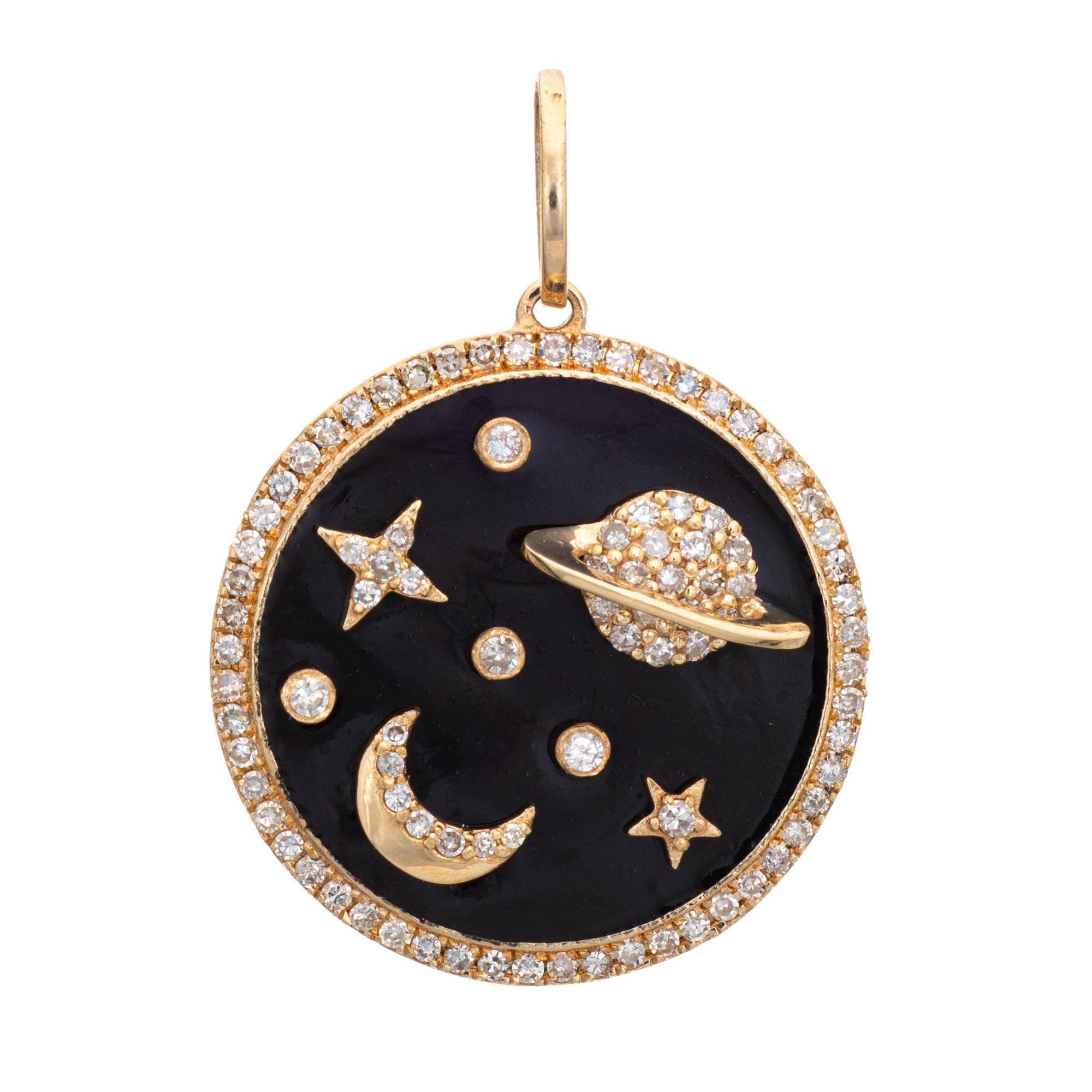 Modern Diamond Moon Star Saturn Pendant Estate 14 Karat Gold Round Celestial Jewelry