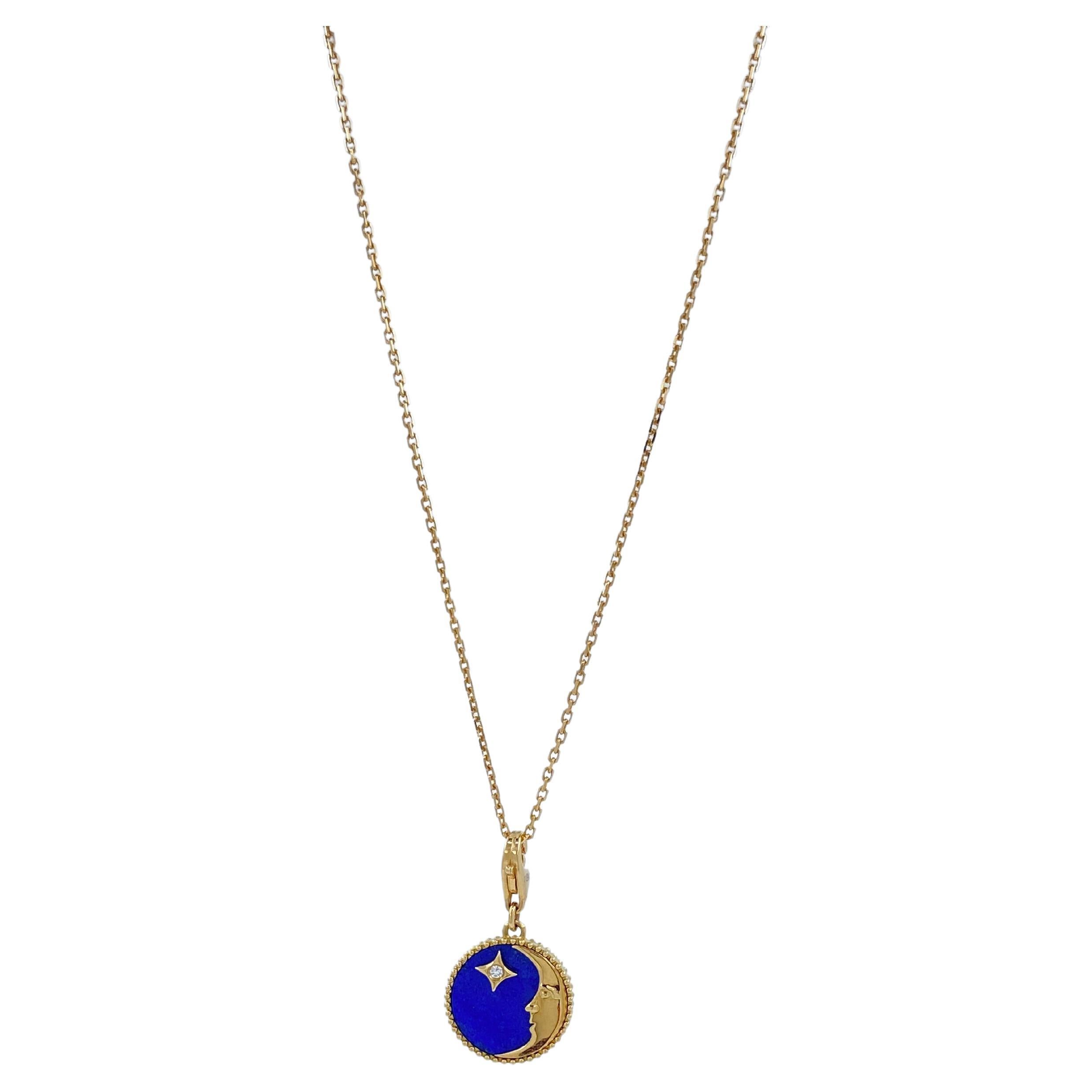 Modern Diamond Lunar Moon Celestial Star Sky Gold Blue Lapis Lazuli Medallion Pendant For Sale