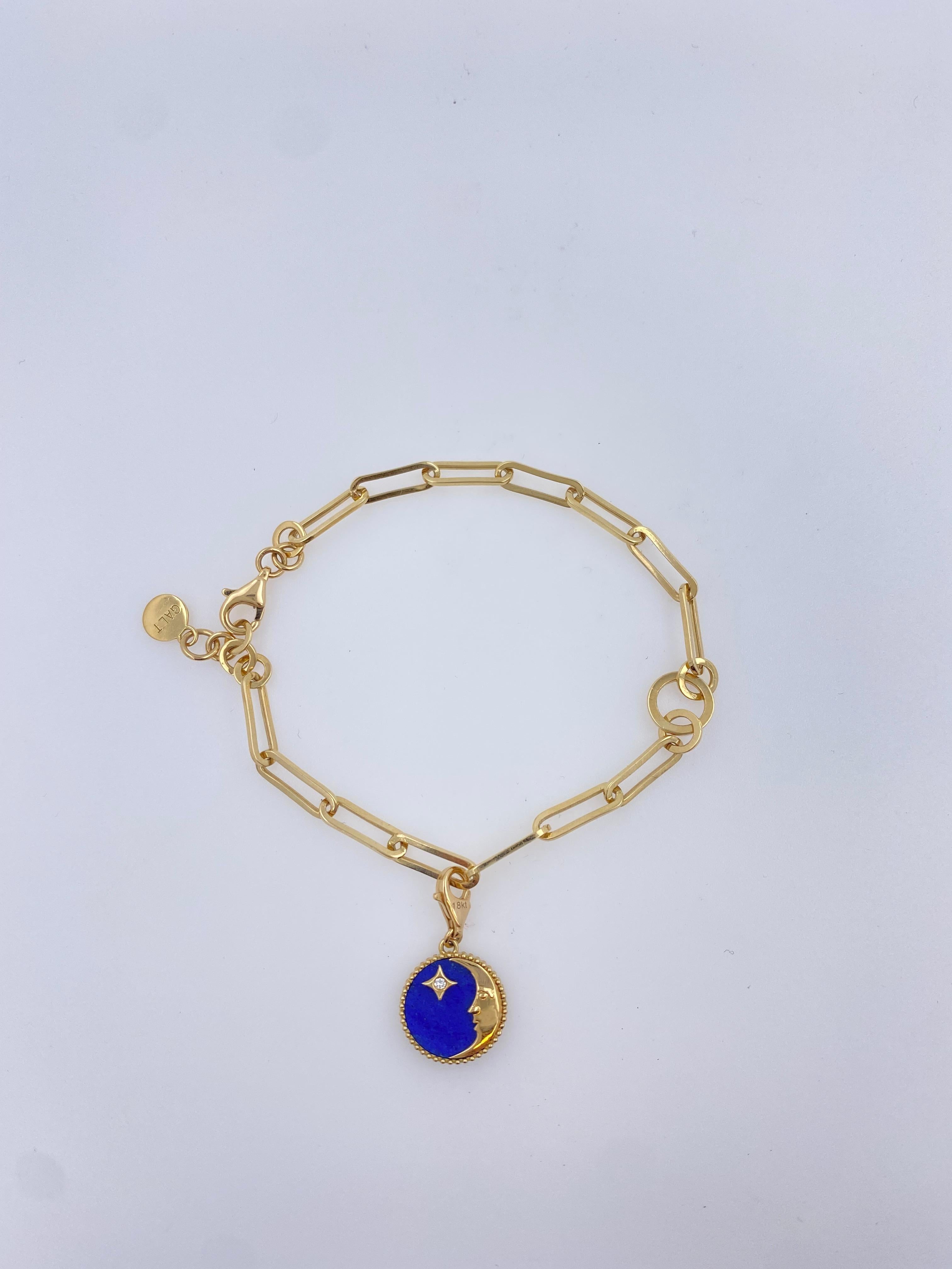 Round Cut Diamond Lunar Moon Celestial Star Sky Gold Blue Lapis Lazuli Medallion Pendant