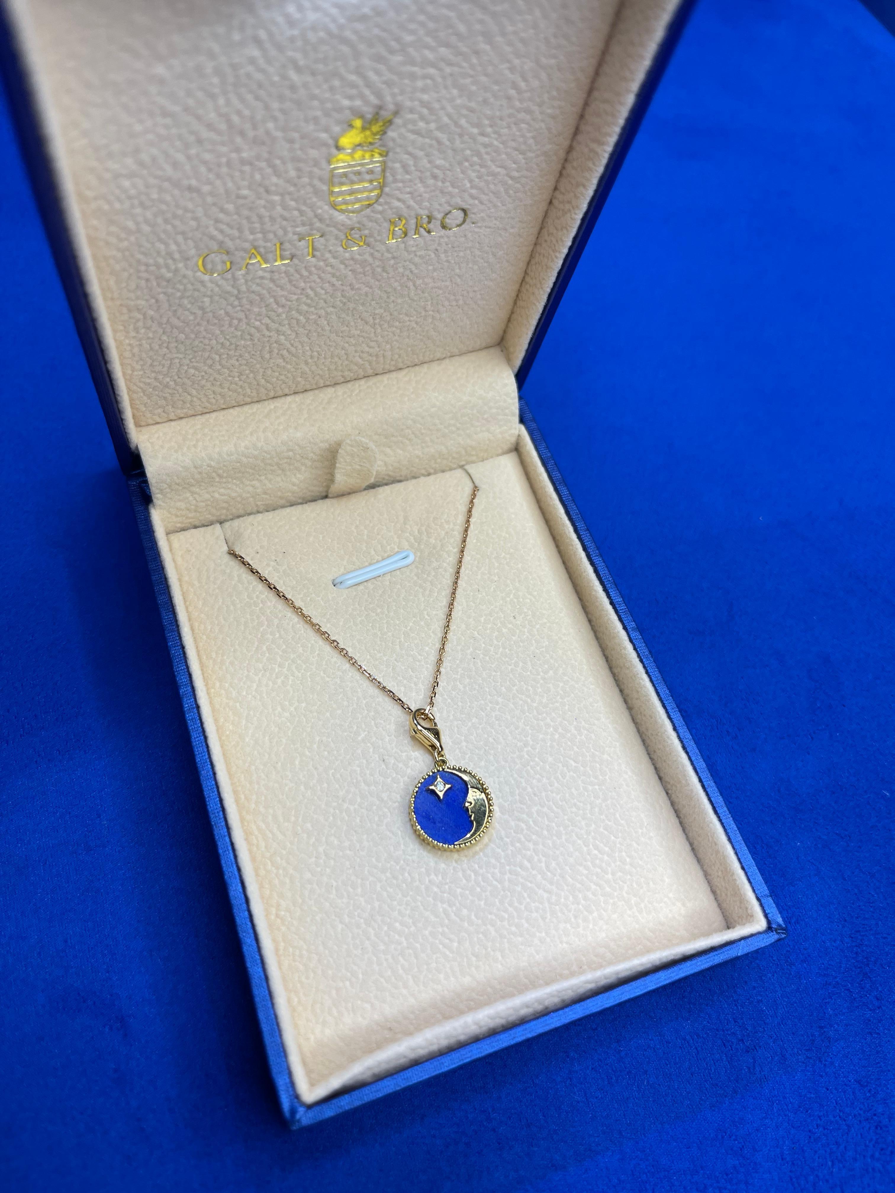 Women's or Men's Diamond Lunar Moon Celestial Star Sky Gold Blue Lapis Lazuli Medallion Pendant For Sale