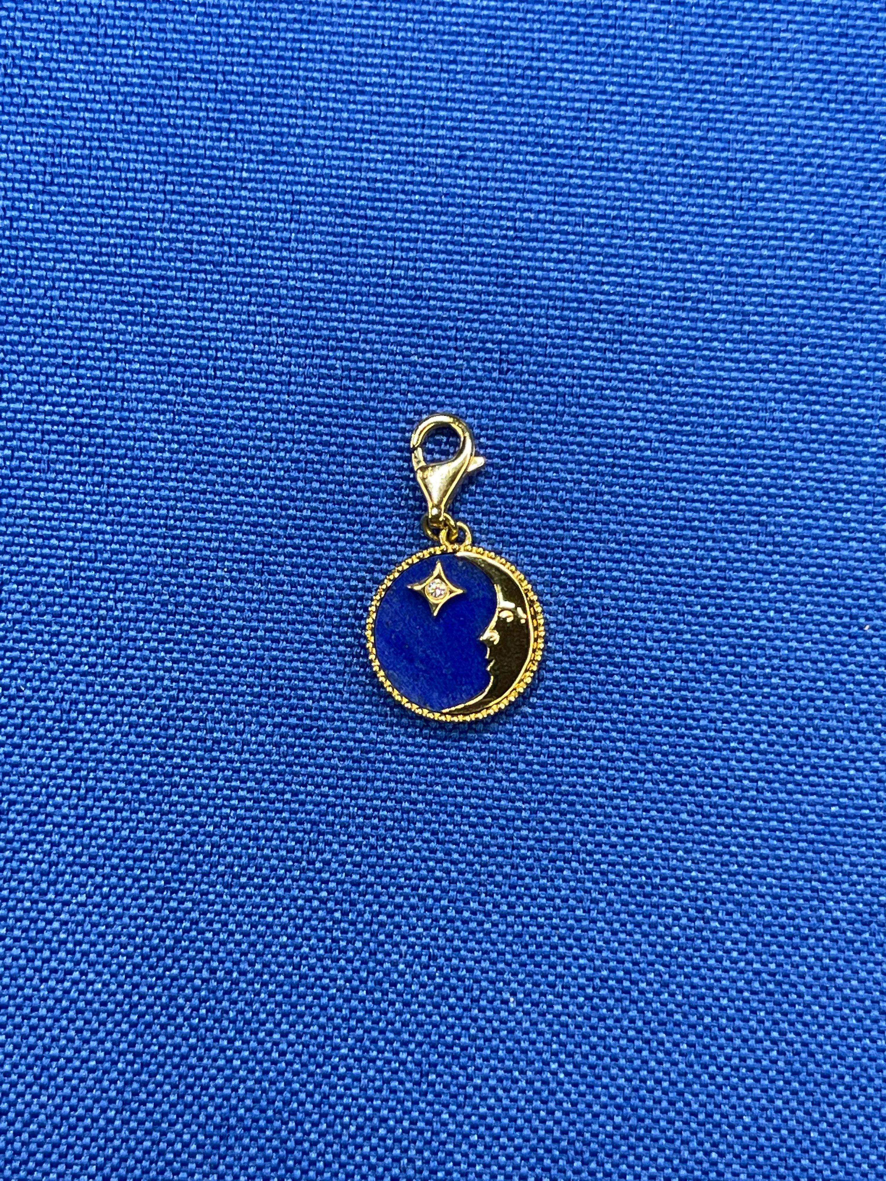 Diamond Lunar Moon Celestial Star Sky Gold Blue Lapis Lazuli Medallion Pendant In New Condition For Sale In Oakton, VA