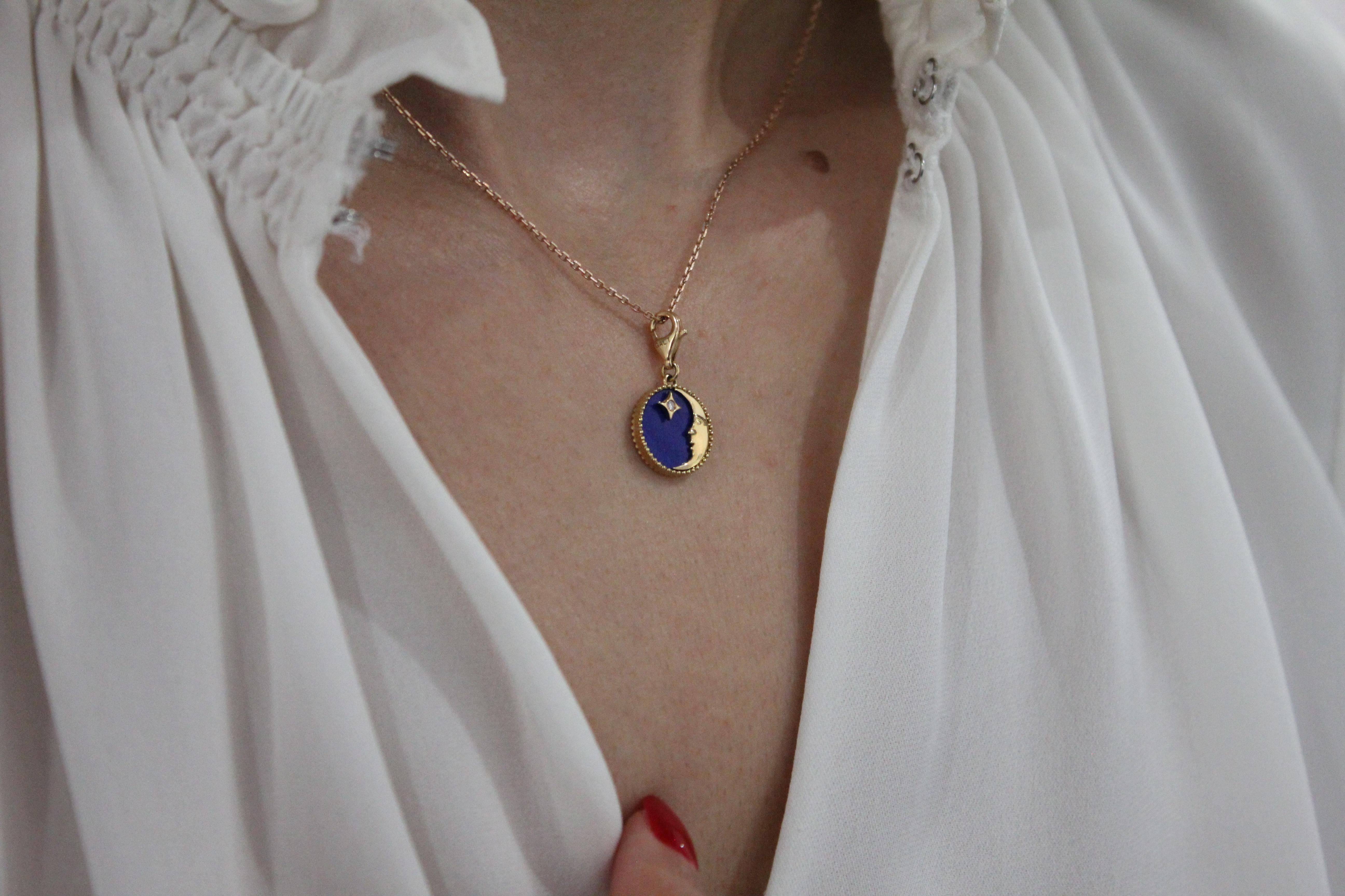 Diamond Lunar Moon Celestial Star Sky Gold Blue Lapis Lazuli Medallion Pendant For Sale 8