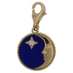 Diamond Moon Star Sky 18 Karat Yellow Gold Lapis Lazuli Medallion Charm Pendant