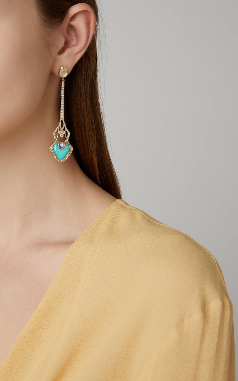 Diamond, Moonstone, and Opal Mismatched Statement Earrings For Sale at