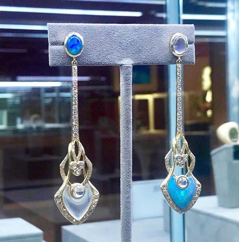 Diamond, Moonstone, and Opal Mismatched Statement Earrings For Sale at