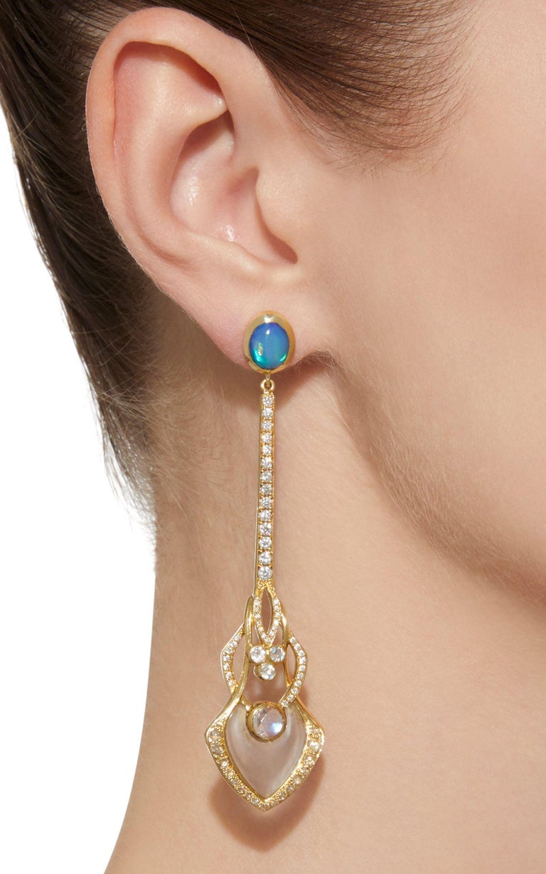 Diamond, Moonstone, and Opal Mismatched Statement Earrings For Sale at