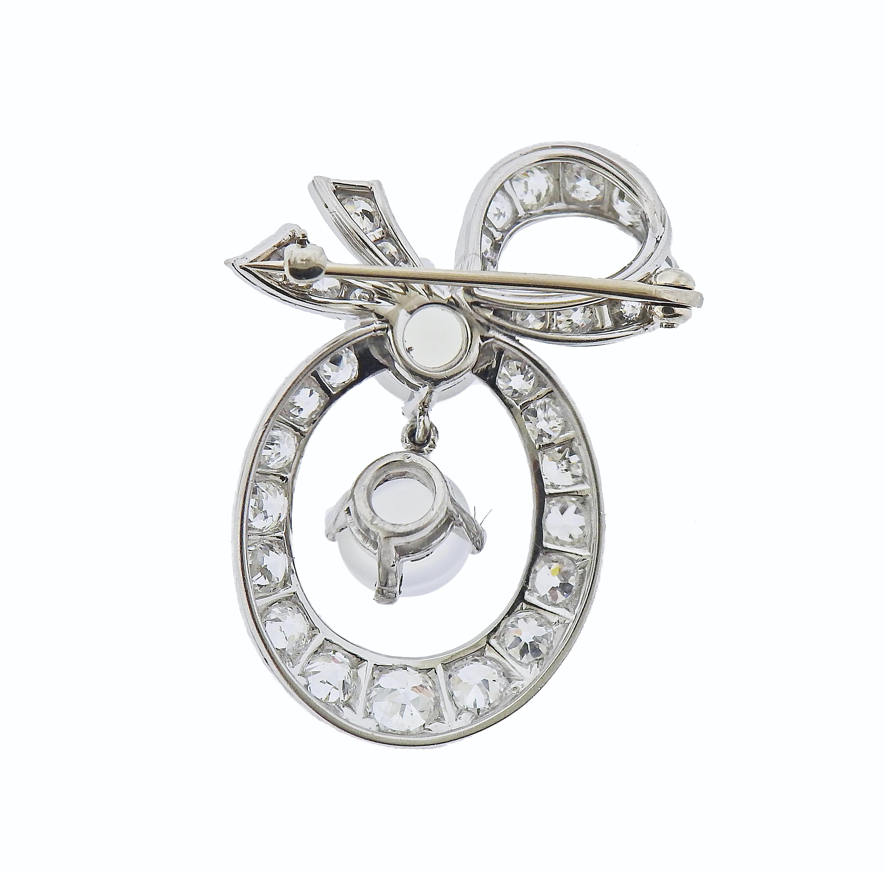 Cabochon Diamond Moonstone Gold Bow Brooch Pin For Sale