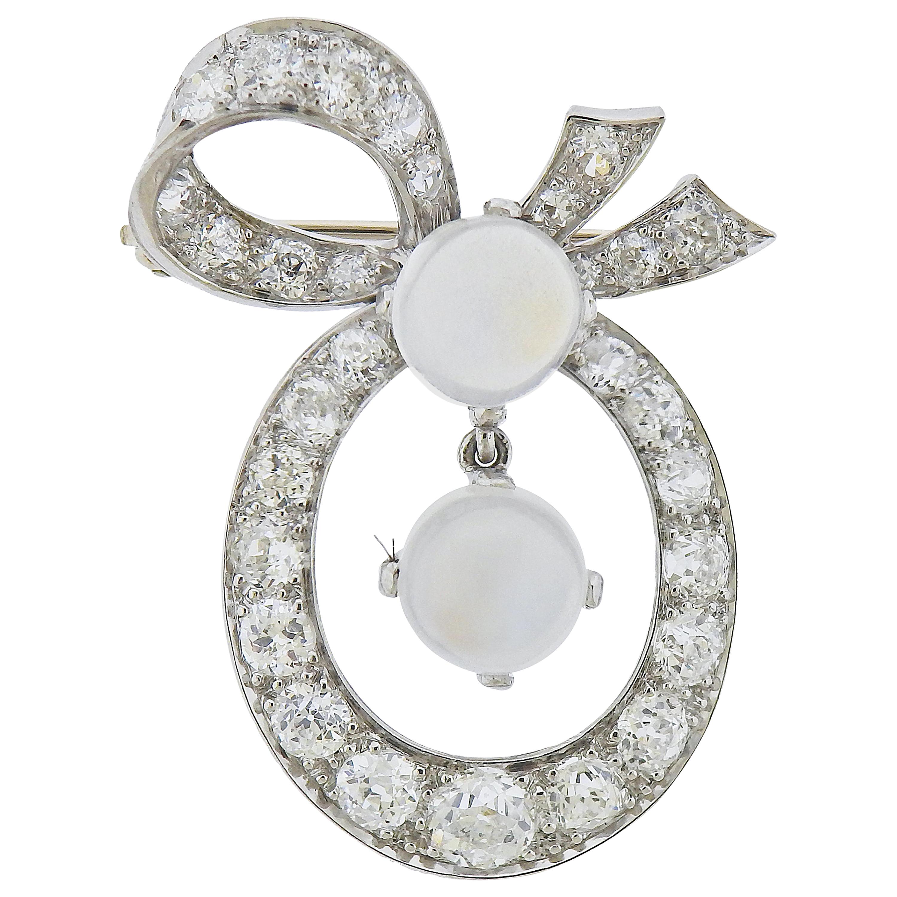 Diamond Moonstone Gold Bow Brooch Pin For Sale