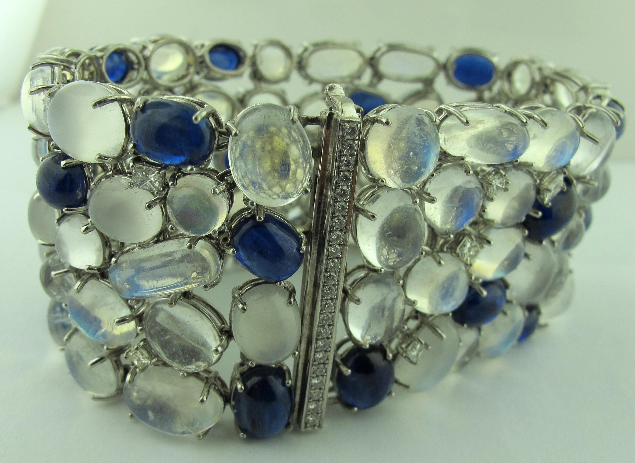 Multi Stone Bracelet with 3.00 carats of Diamonds, 124 carats of Moonstone and 45 carats of Kyanite.  Set in 18 karat white gold.