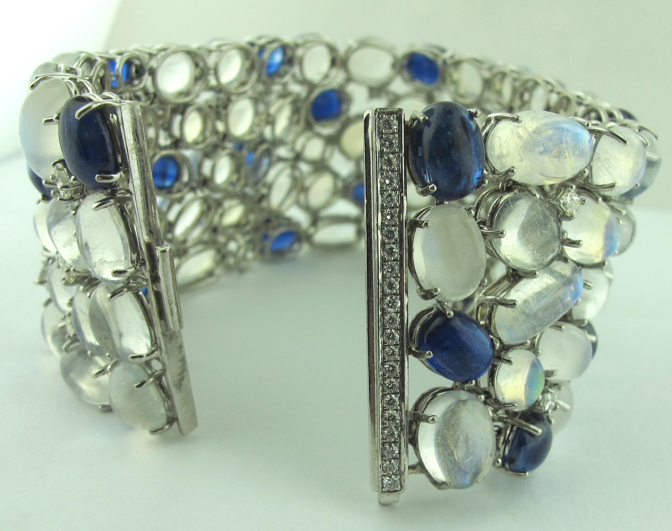 Diamond, Moonstone and Kyanite Bracelet set in 18KT white gold In Excellent Condition In Palm Desert, CA