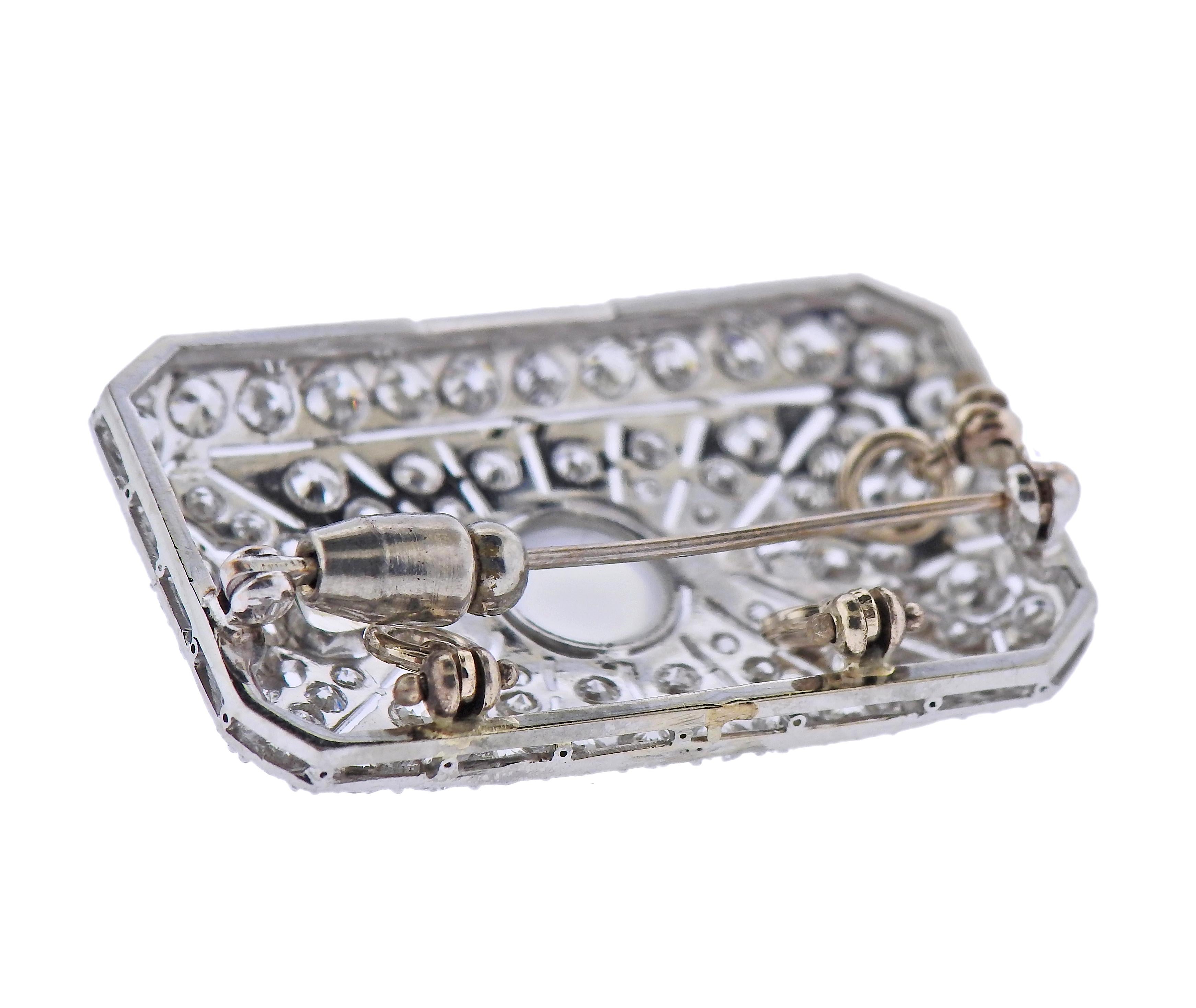 Round Cut Diamond Moonstone Rectangular Brooch Pendant For Sale