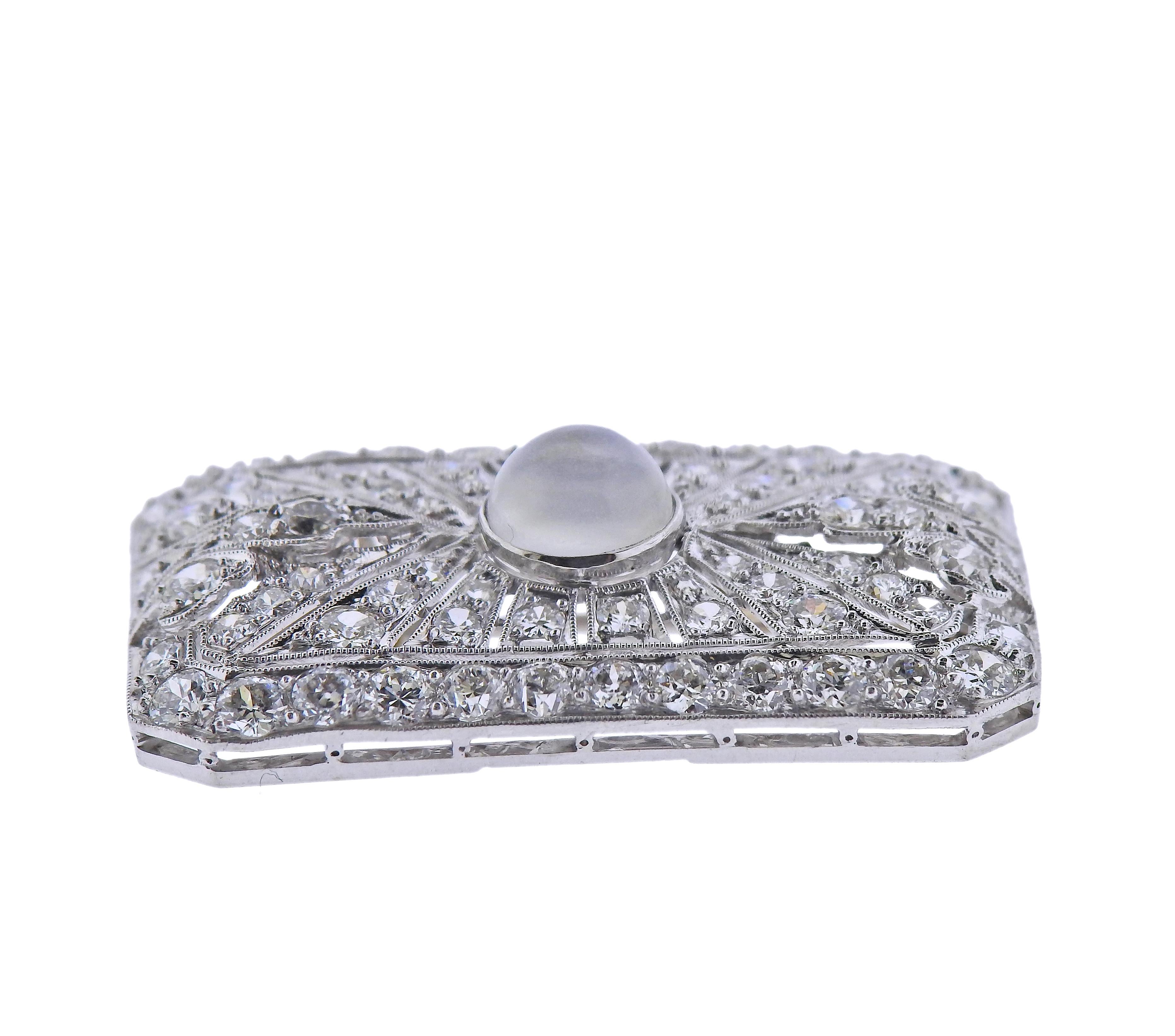 Diamond Moonstone Rectangular Brooch Pendant In Excellent Condition For Sale In New York, NY