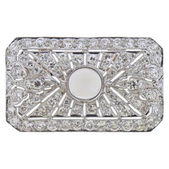 Vintage Diamond Moonstone Rectangular Brooch Pendant