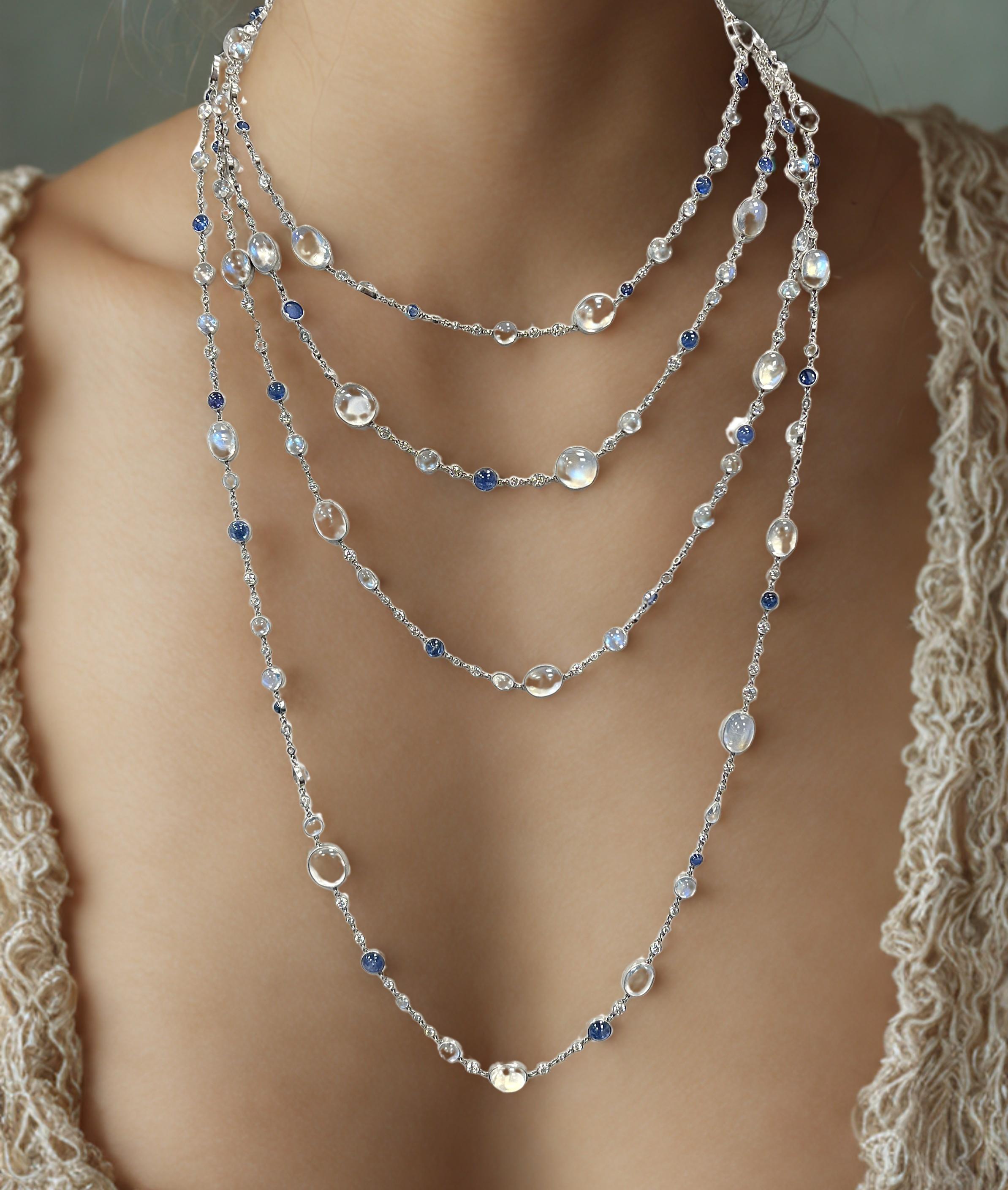 Cabochon Diamond Moonstone Sapphire and Platinum Very Long Opera Chain Necklace For Sale