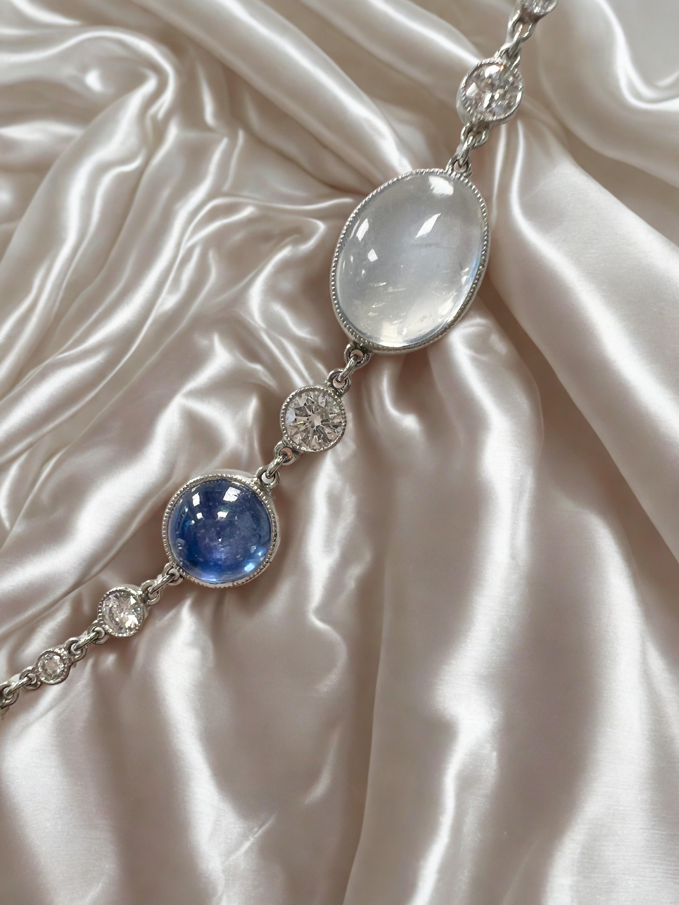 Diamond Moonstone Sapphire and Platinum Very Long Opera Chain Necklace In Excellent Condition For Sale In New York, NY