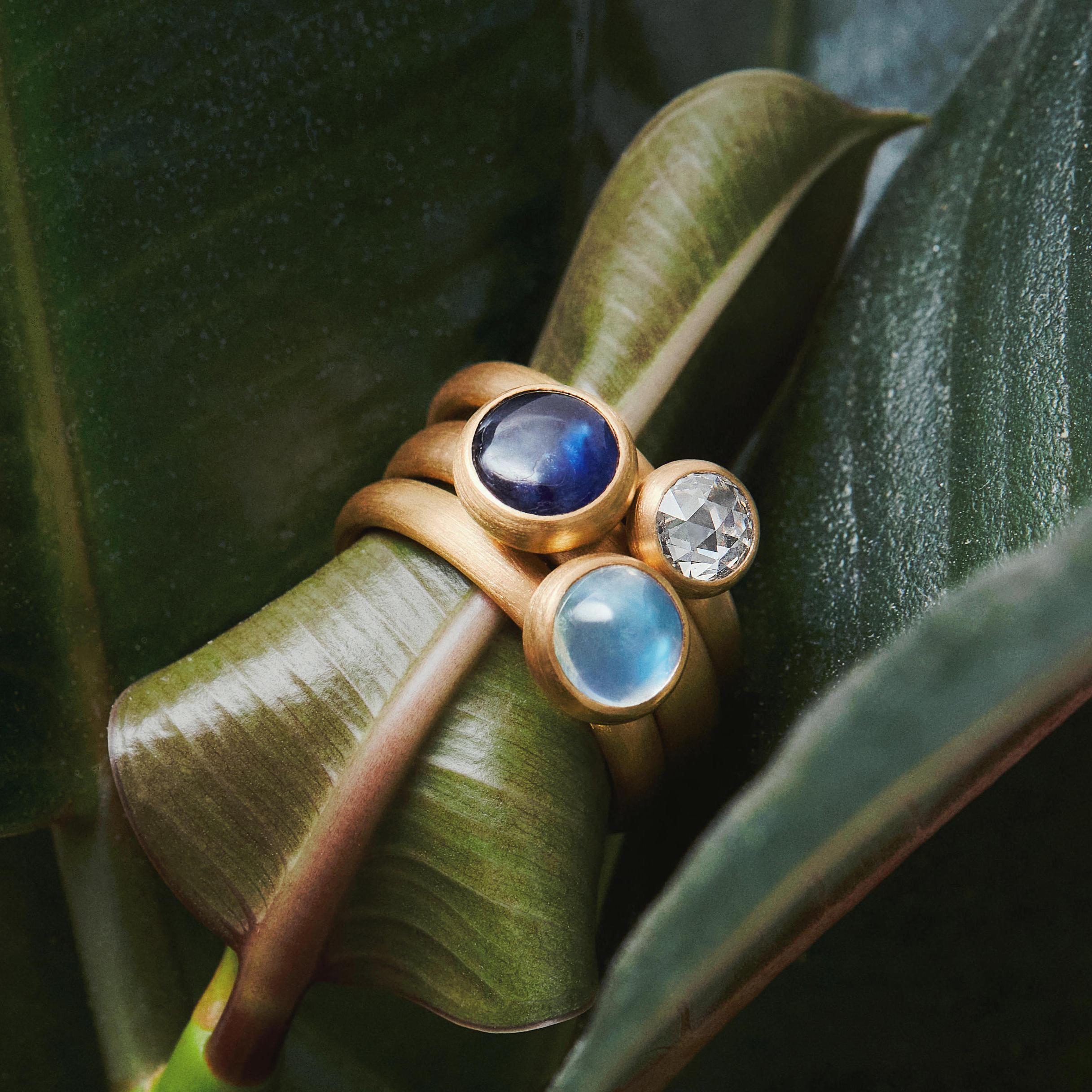 Cabochon Diamond, Moonstone & Sapphire Ring Set, 22ct Gold For Sale