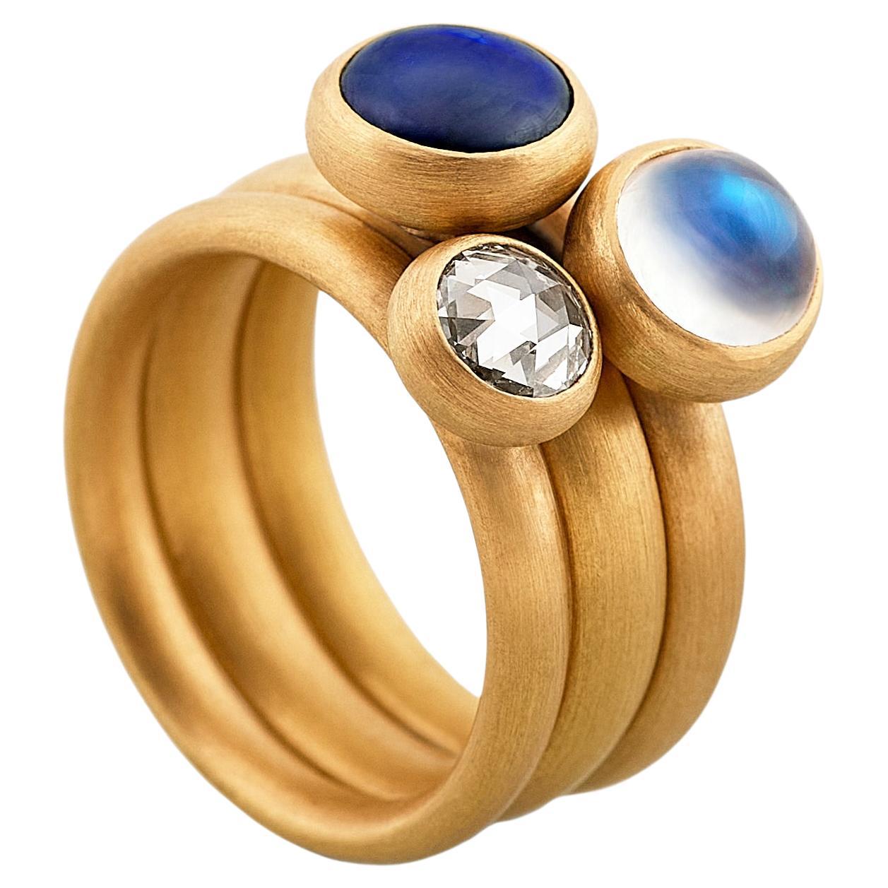 Diamond, Moonstone & Sapphire Ring Set, 22ct Gold For Sale