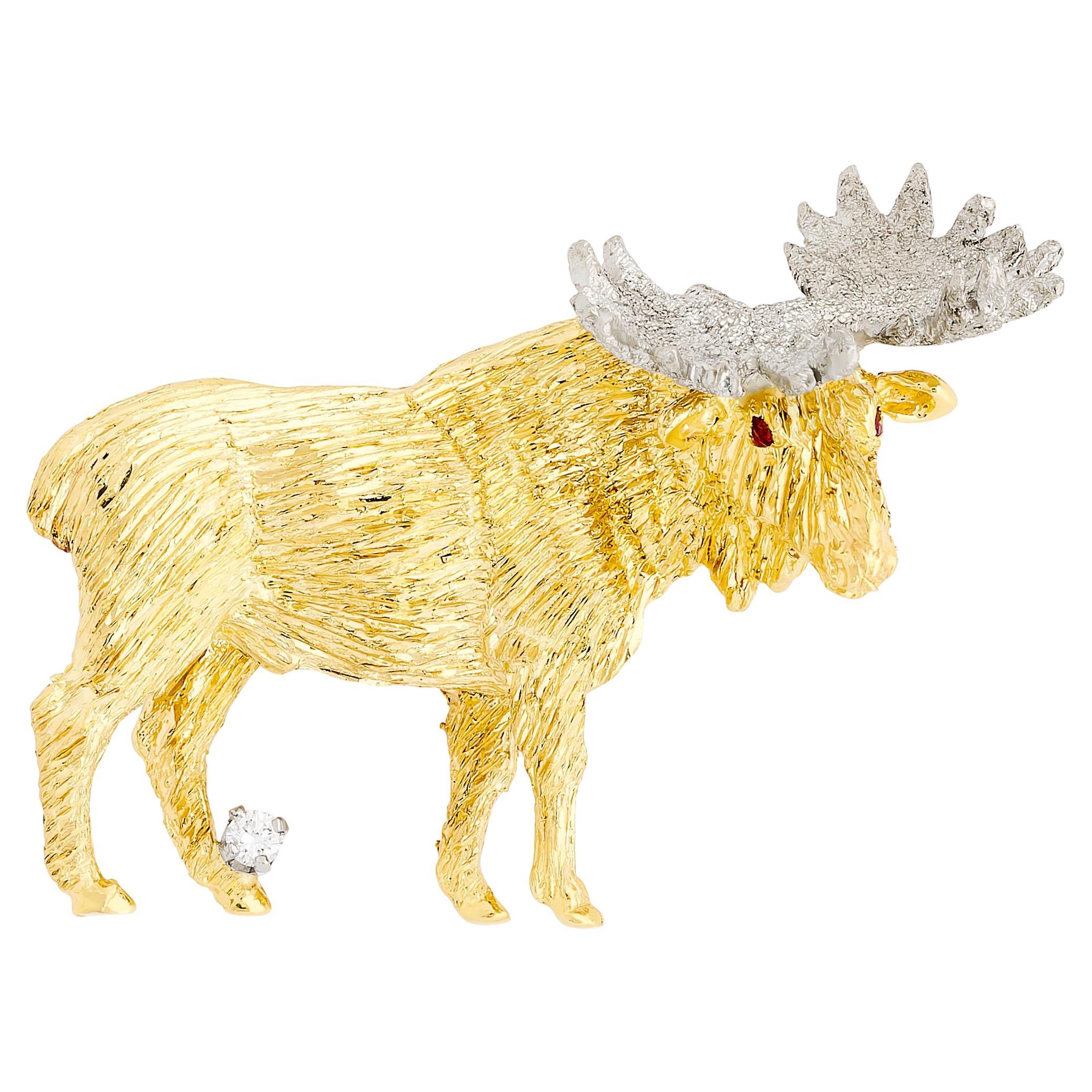 Diamant, Elch Pin in 18 Karat Gelbgold im Angebot