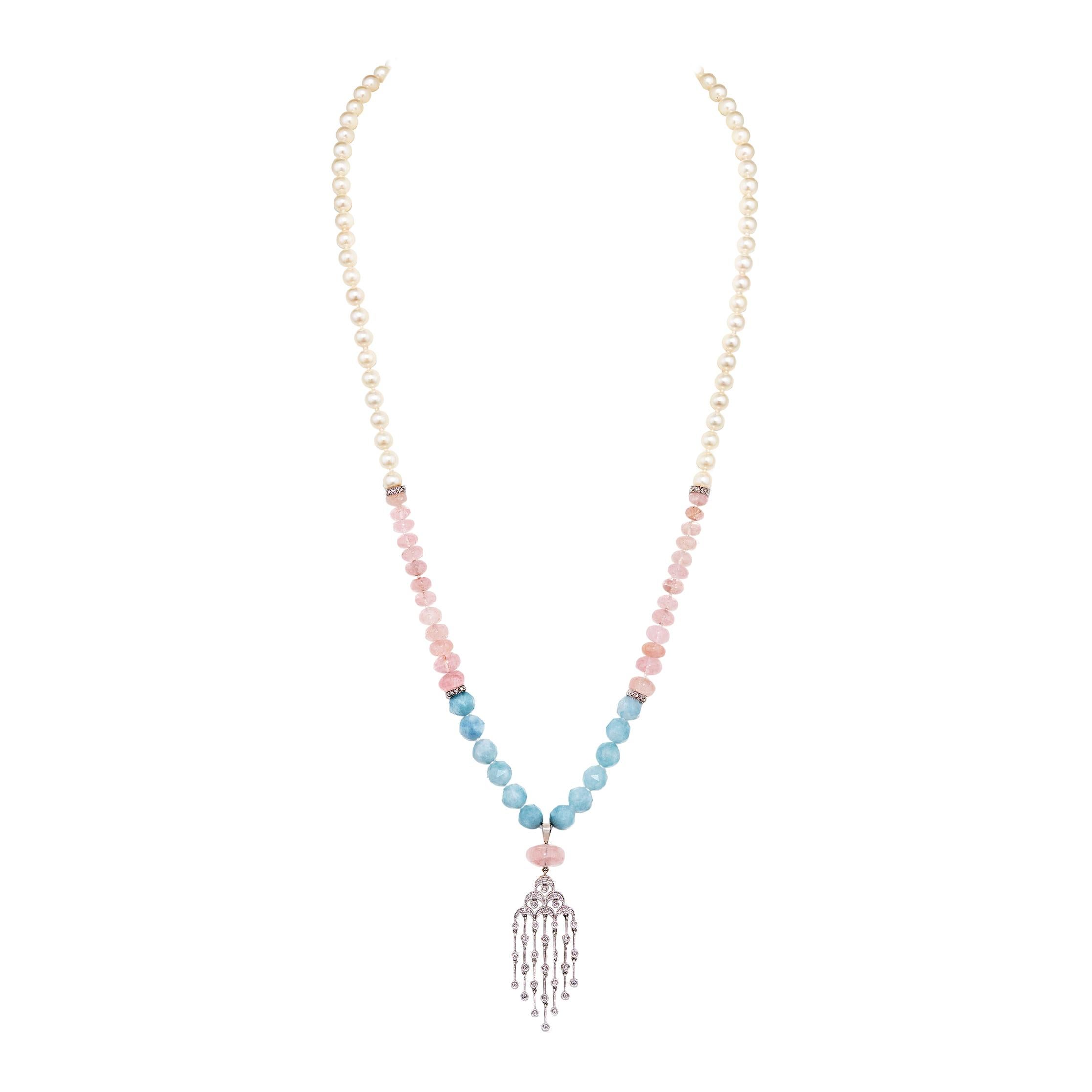 Diamond, Morganite, Aquamarine, Pearl Fine Mala / Meditation / Prayer Necklace For Sale