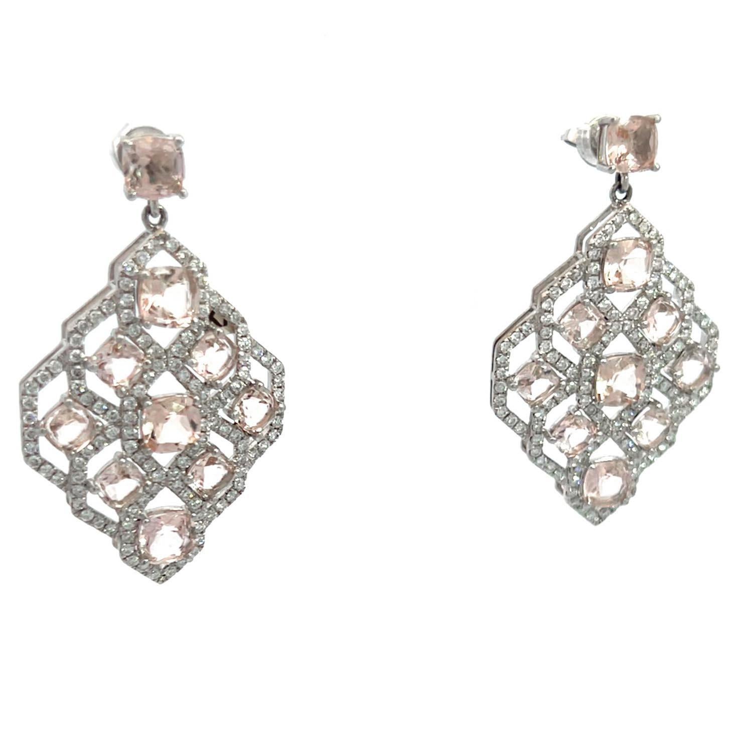 Diamond Morganite Dangle Earrings In New Condition For Sale In Beverly Hills, CA