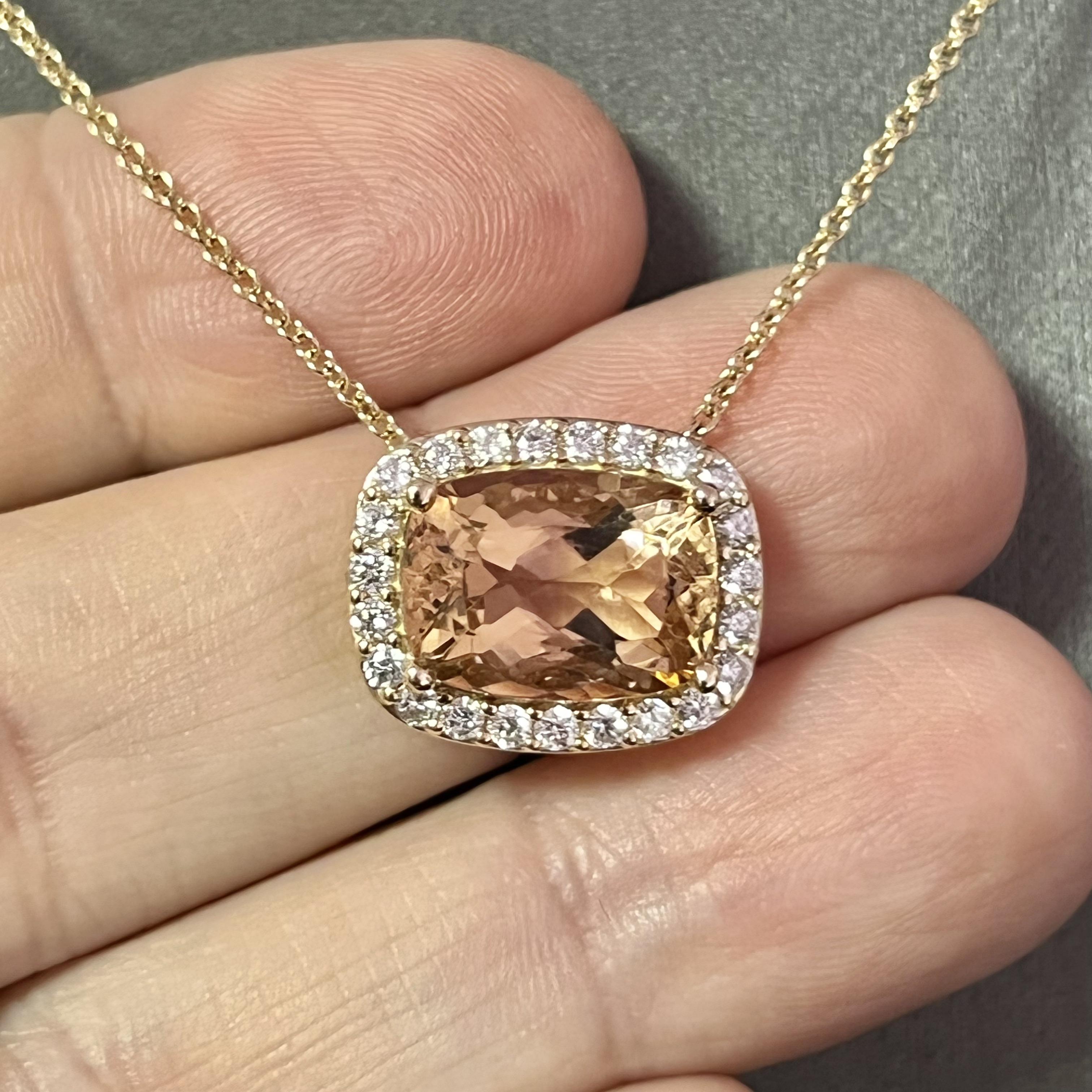 Diamond Morganite Pendant Necklace 14k Gold 7.35 TCW Certified For Sale 6