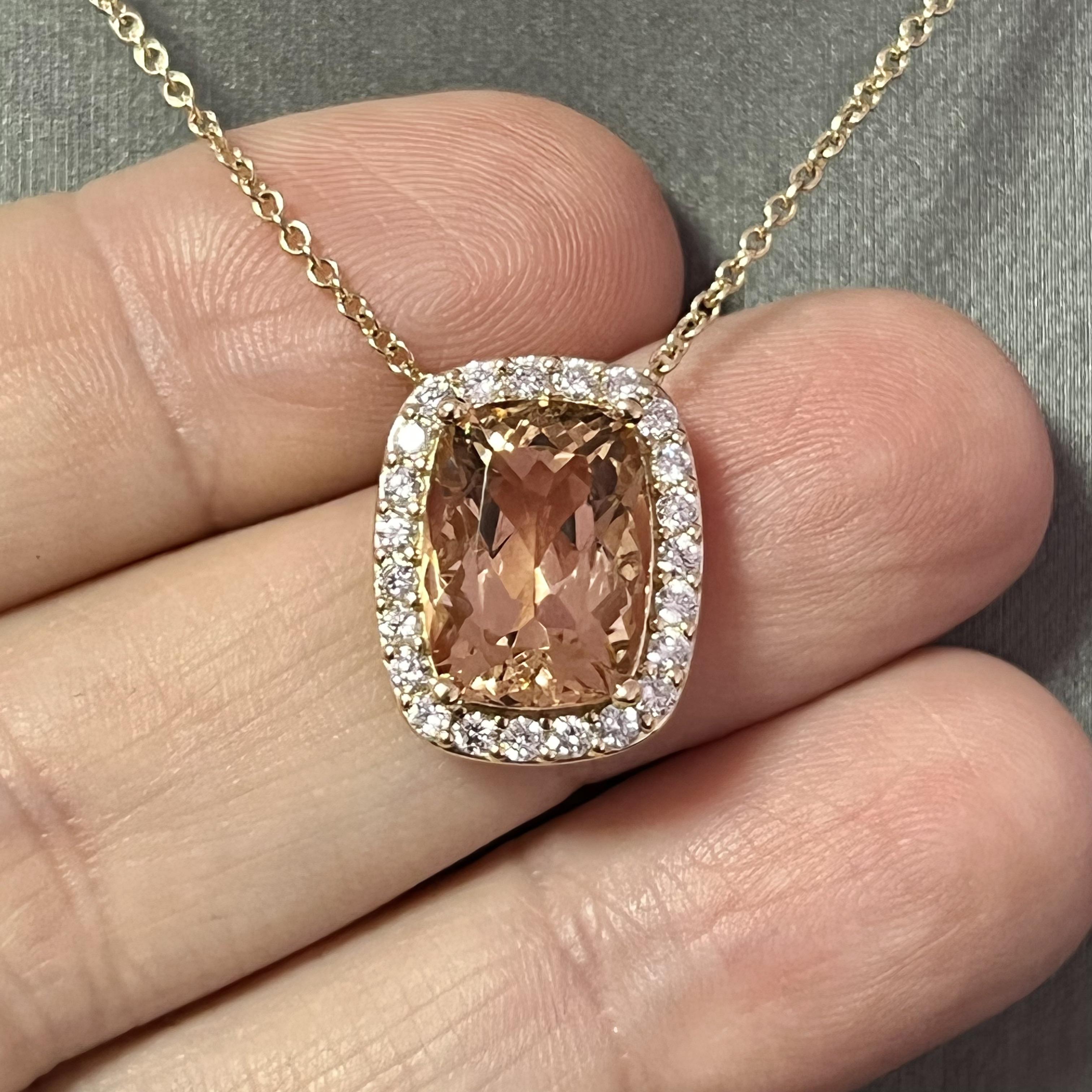 Diamond Morganite Pendant Necklace 14k Gold 7.35 TCW Certified In New Condition For Sale In Brooklyn, NY
