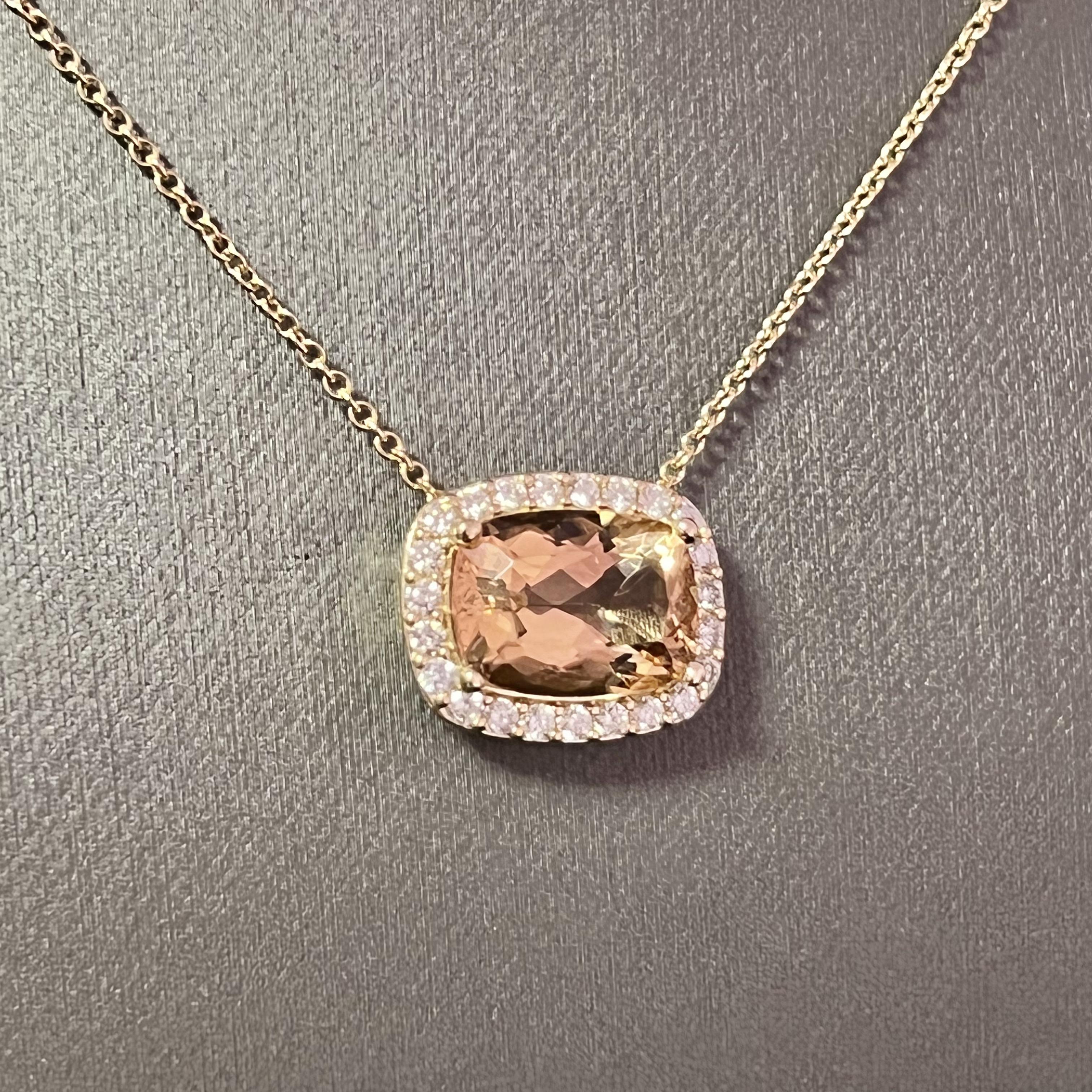 Diamond Morganite Pendant Necklace 14k Gold 7.35 TCW Certified For Sale 1