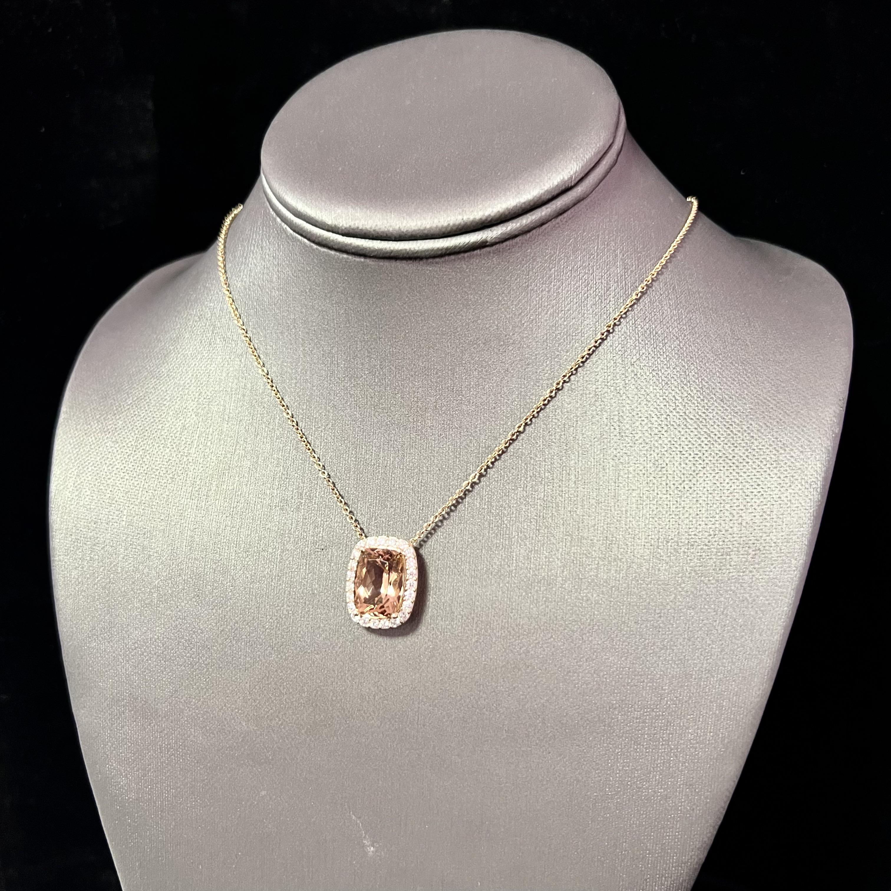 Diamond Morganite Pendant Necklace 14k Gold 7.35 TCW Certified For Sale 4